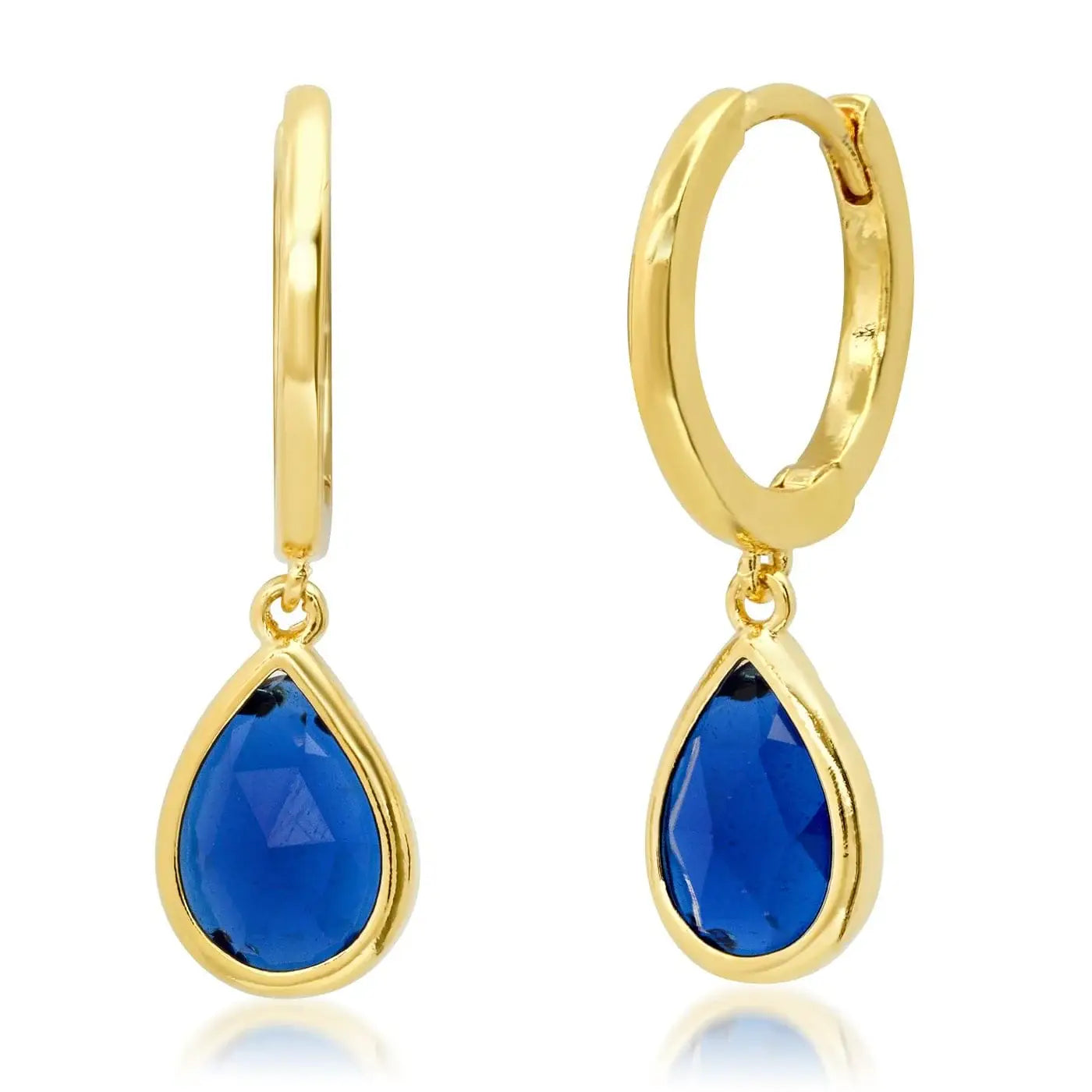 Tai Jewelry huggie earrings with bezel set pear-shaped charm, styled for fashionable accessories.