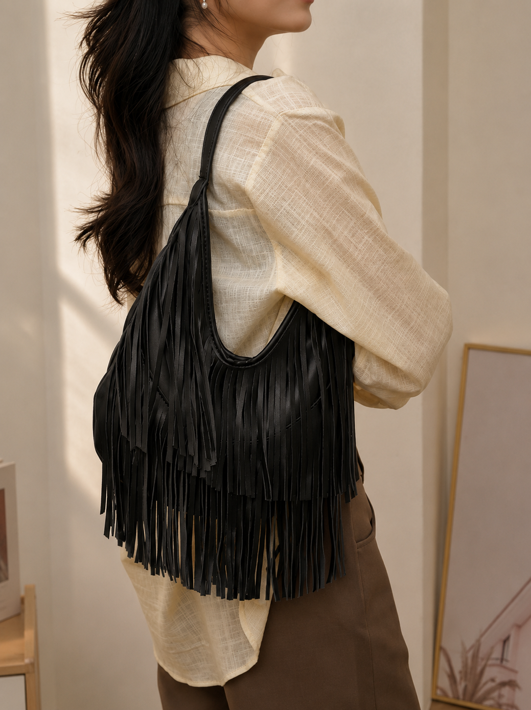Shoulder Tote Bag with Fringe Women