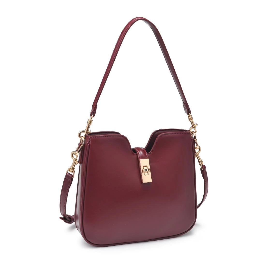 Maroon handbag with gold accents on a white background