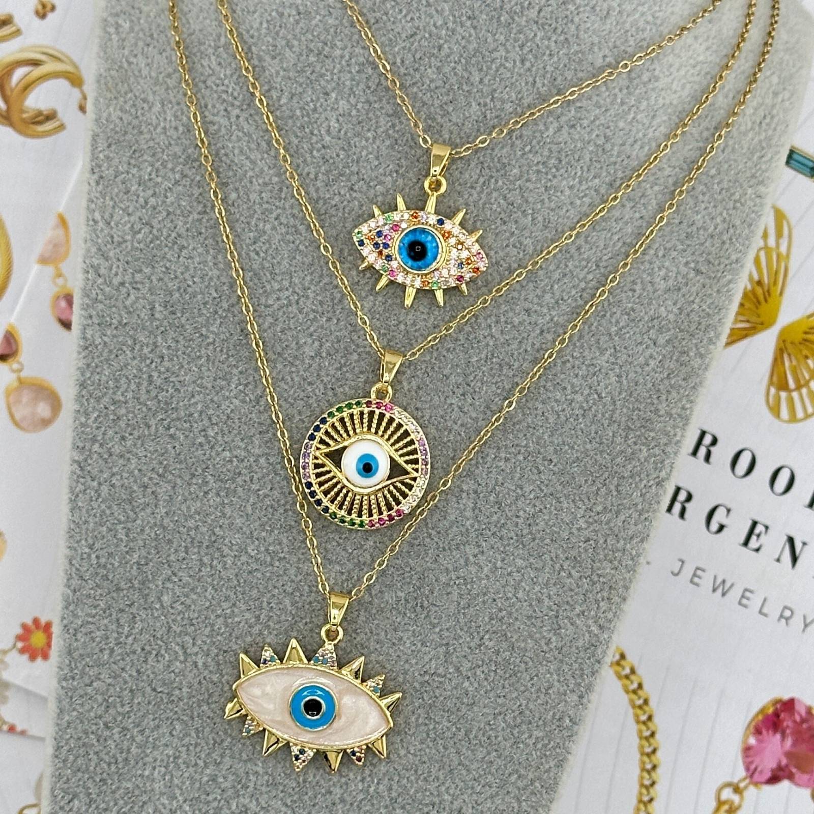 "Multi Evil Eye" CZ Necklace, 18K Gold Plated Steel