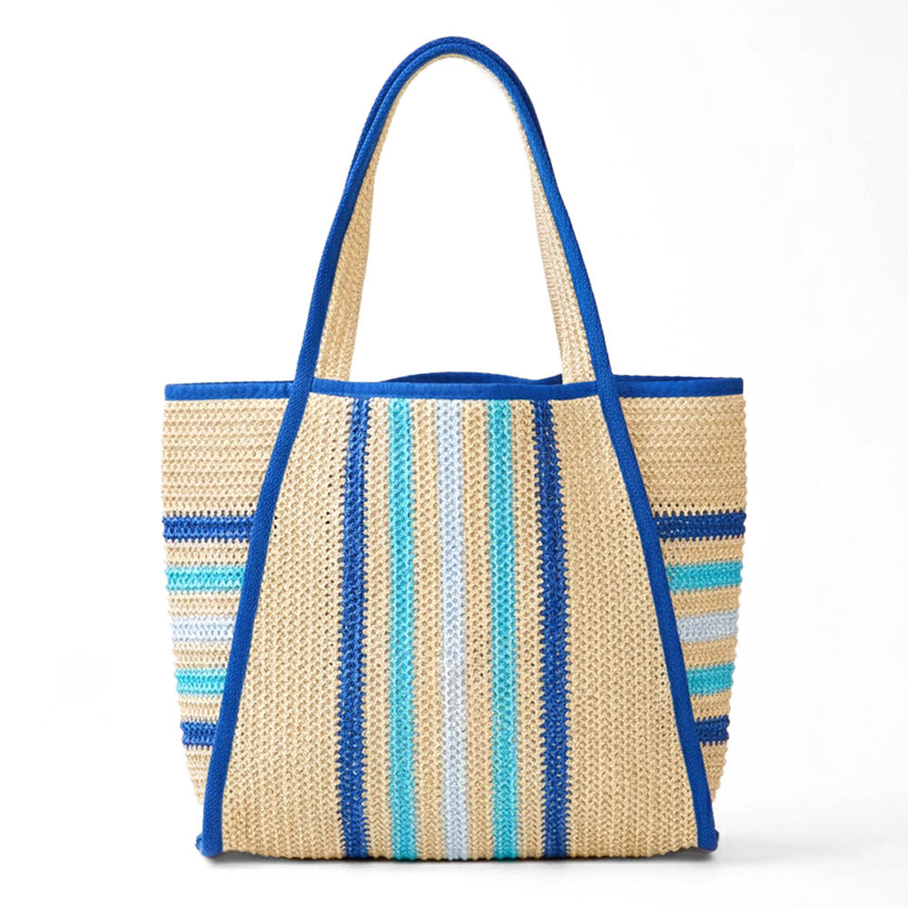 Jennifer multi-color straw beach tote bag with woven handles, perfect for summer outings and beach trips.