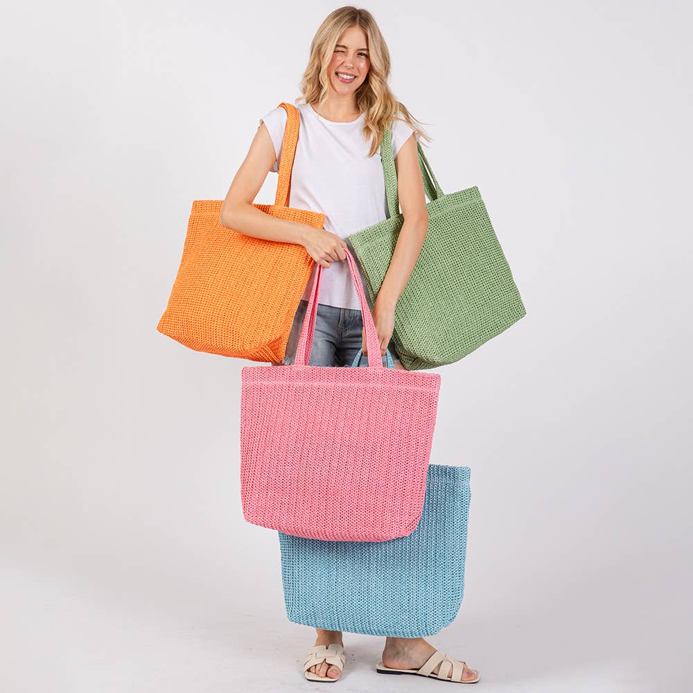 Solid Crochet Straw Tote Bag / Beach Bag