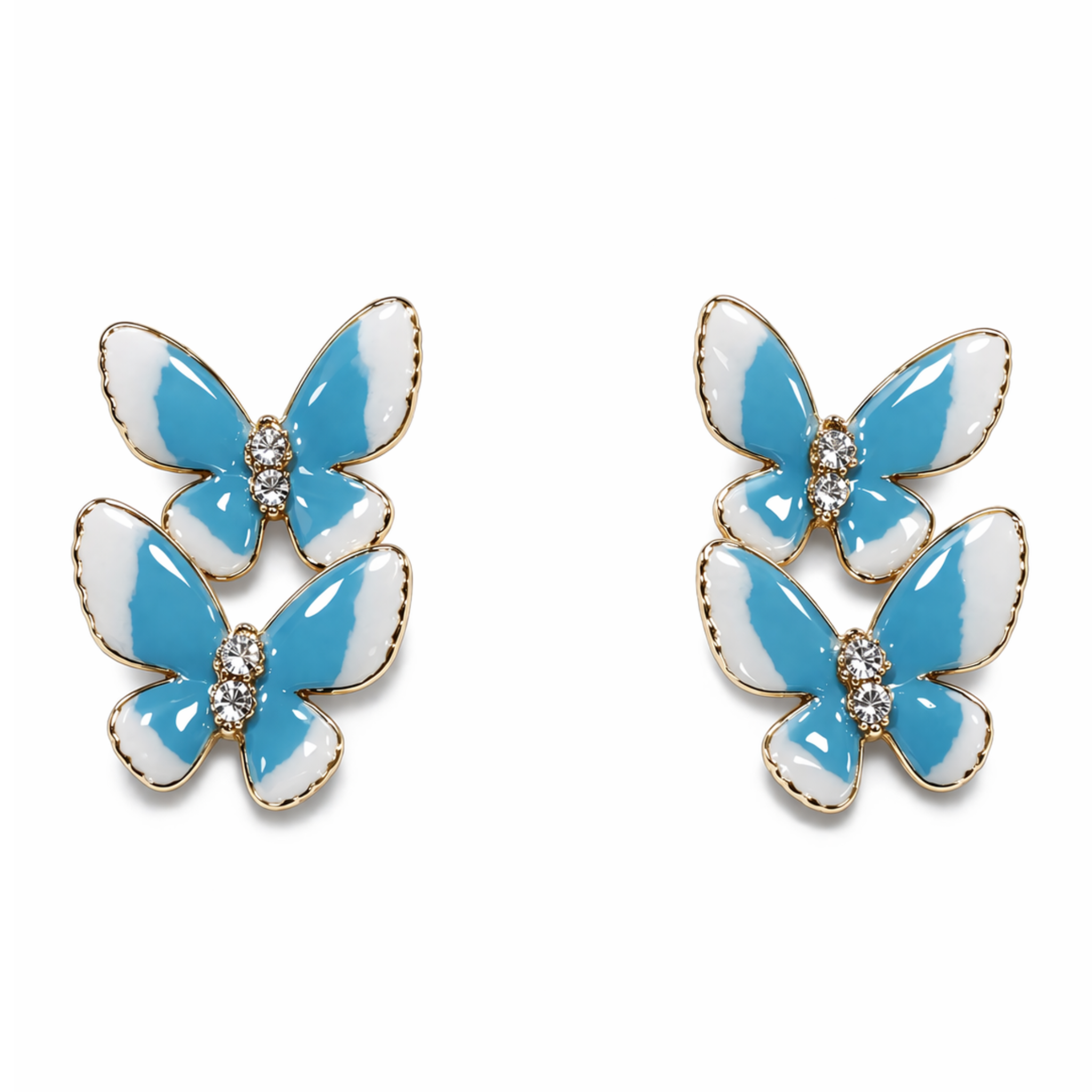 Colorful butterfly enamel earrings with gold trim, featuring double butterfly stud design, ideal for adding vibrant style.