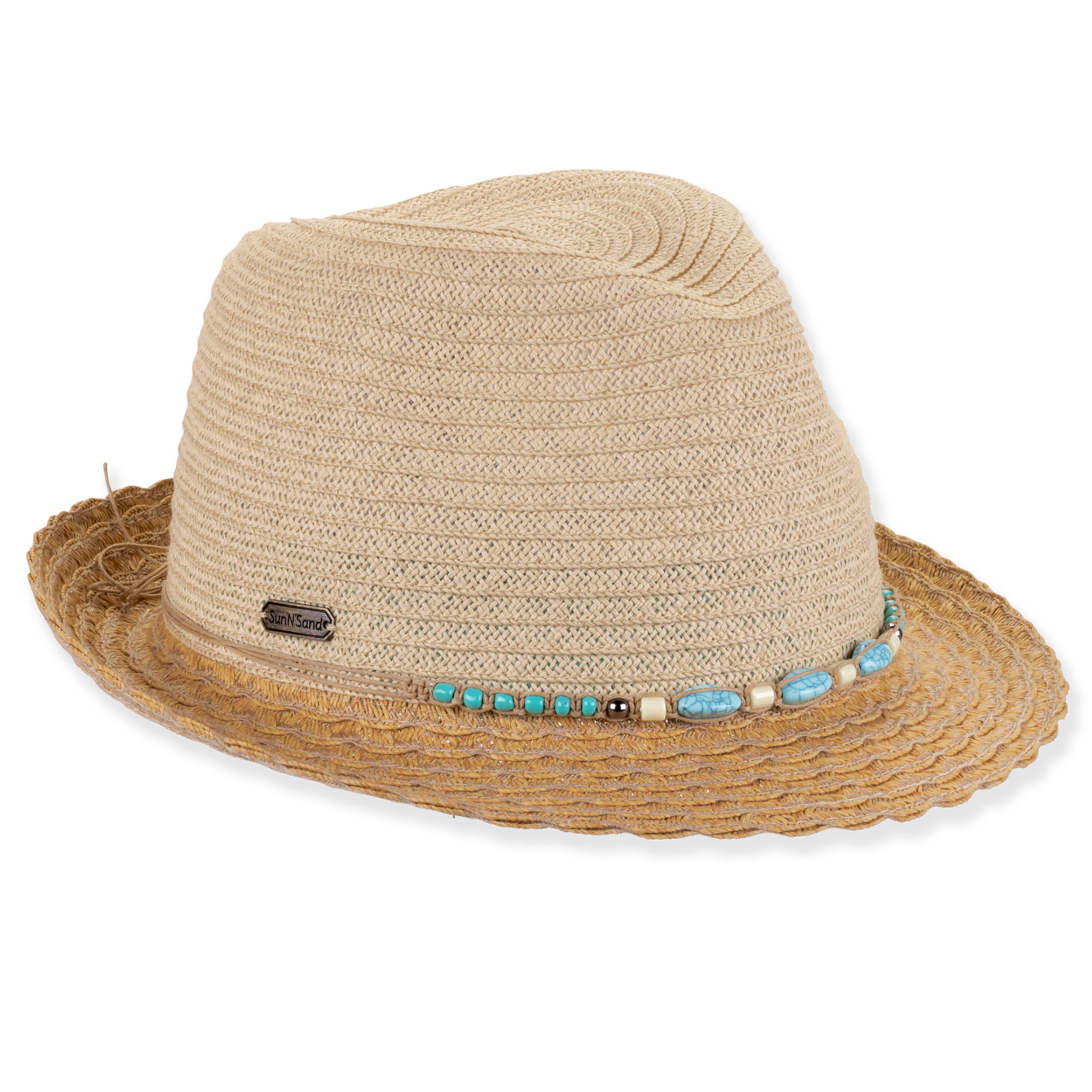 Sun N Sand turquoise beads fedora hat with adjustable fit and UPF 50+ sun protection, stylish accessory for sunny days.