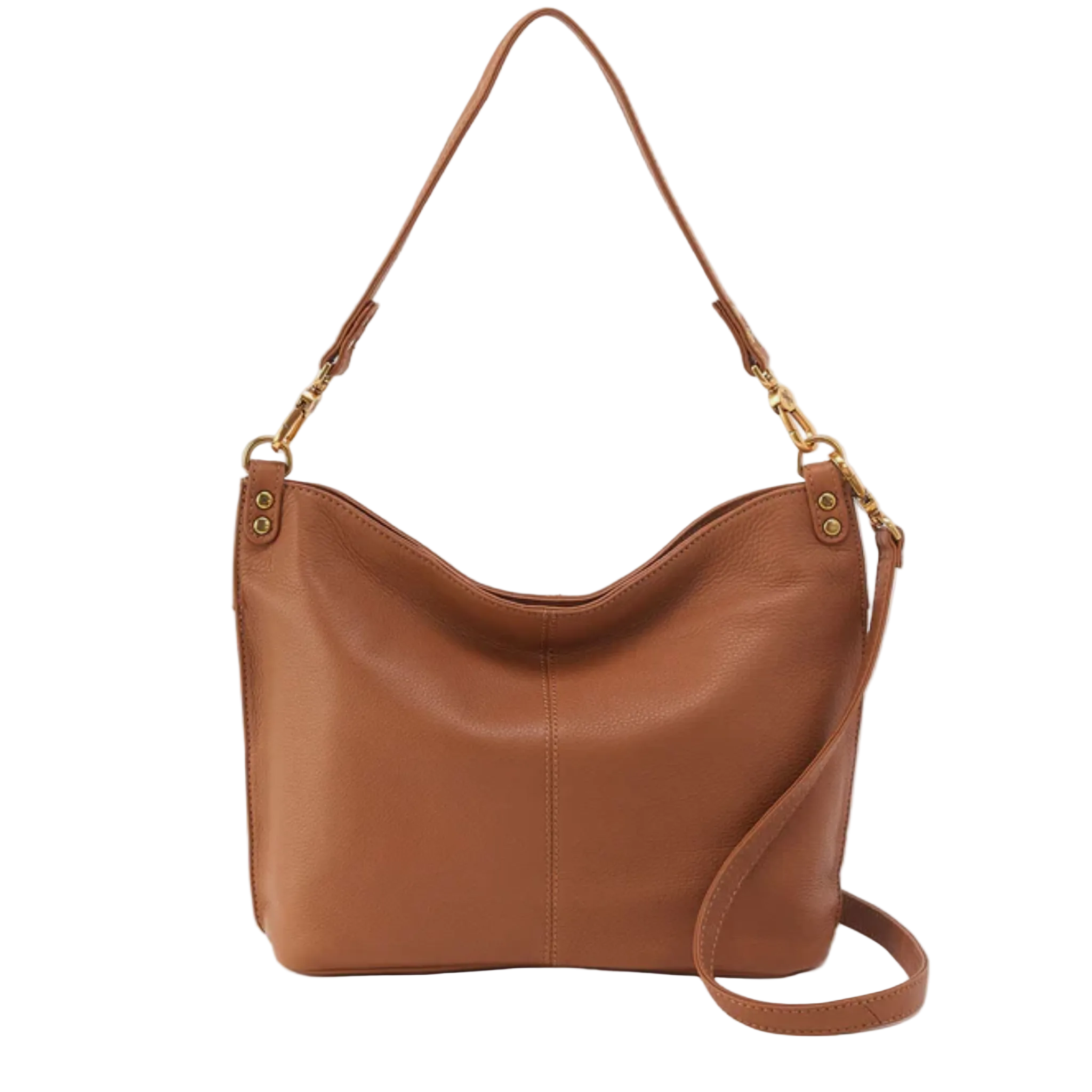 Warm honey pebbled leather Pier shoulder bag by HOBO, featuring a sleek design and spacious main compartment.