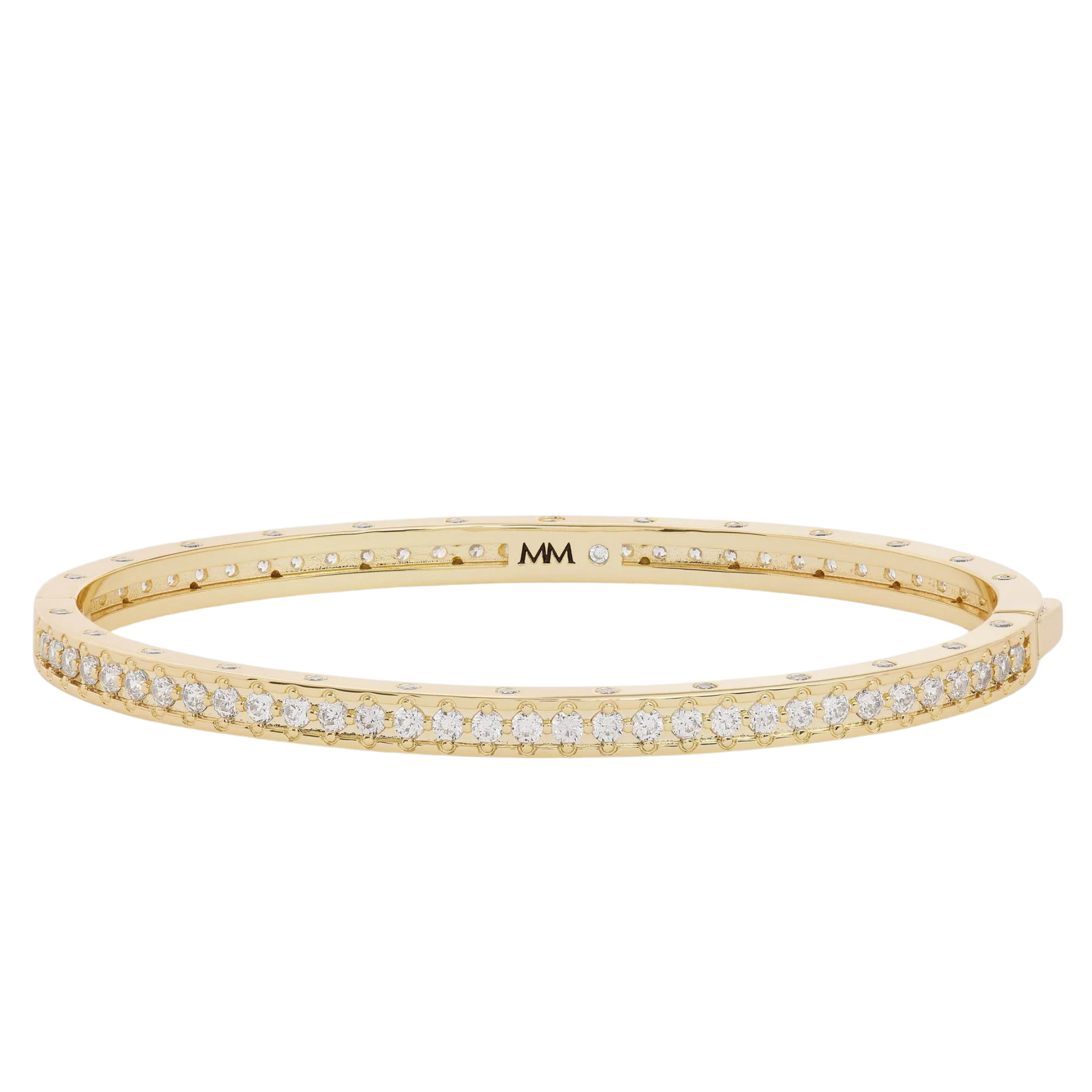 Gold Melinda Maria bracelet featuring a 4mm cuff adorned with sparkling white diamonettes.