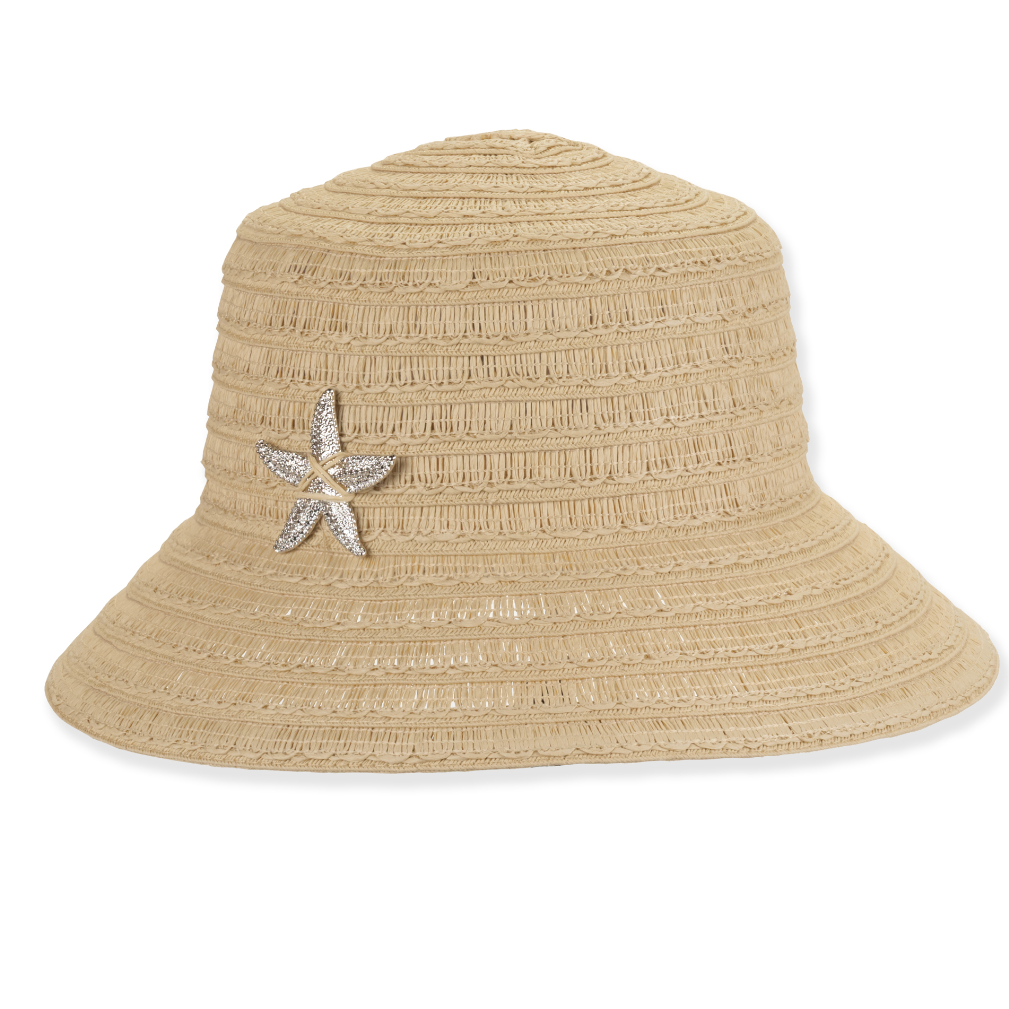 Sun N Sand women's metal starfish bucket hat with adjustable strap and UPF 50+ sun protection, featuring a stylish metal starfish embellishment.