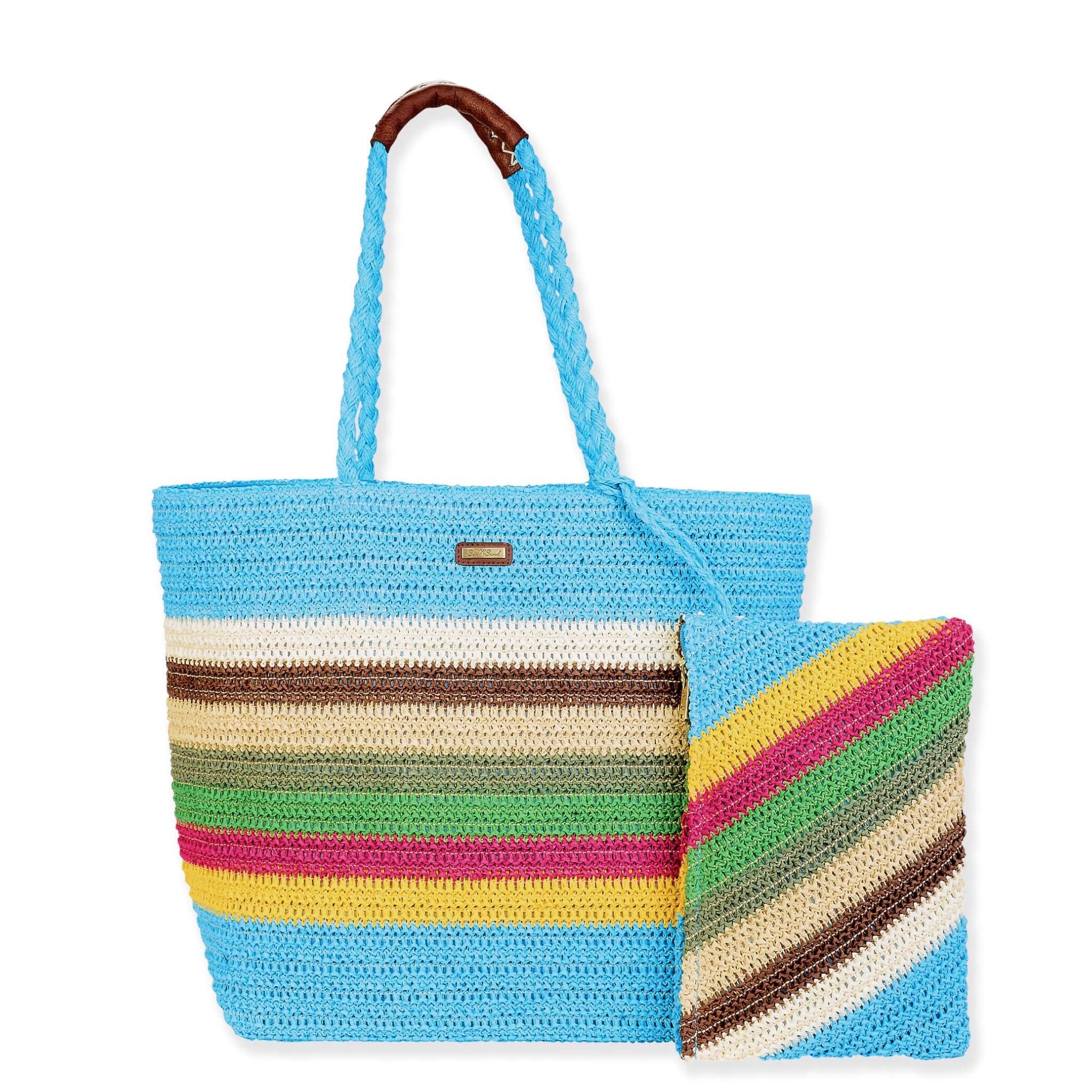 Sun n Sand multi paper crochet beach bag with sturdy handles and woven design, perfect for carrying beach essentials.