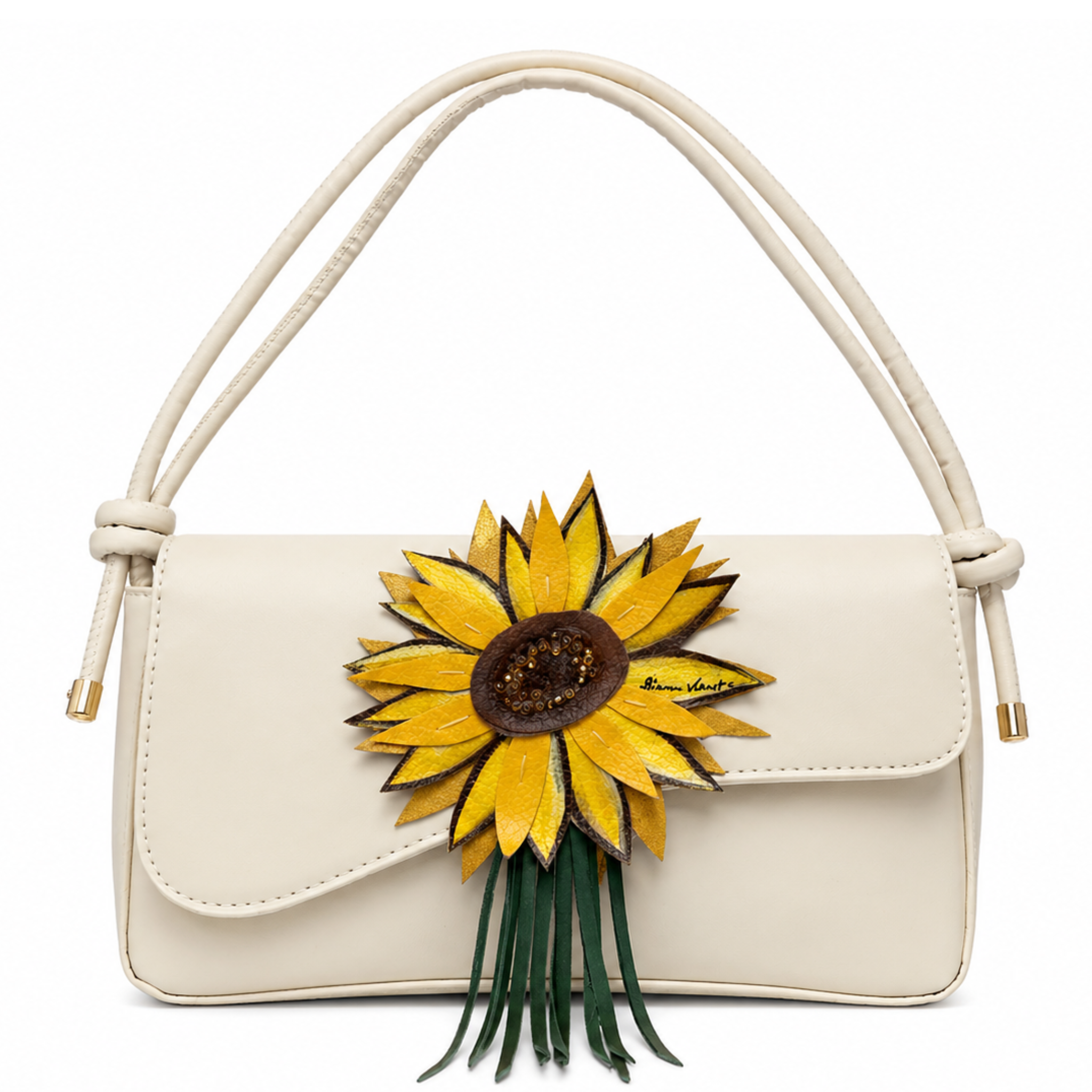 Gianna Valente Sunflower Solstice shoulder bag with sunflower print, brown leather strap and stylish design.