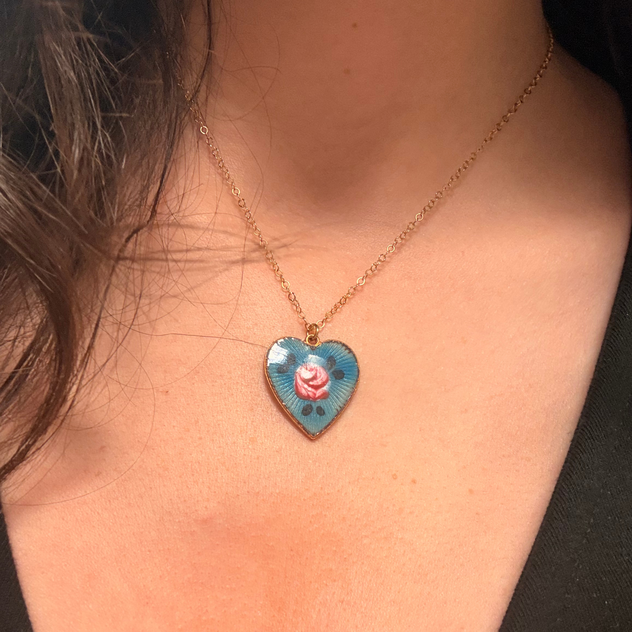 Vintage 1950s Guilloche Heart Pendant Necklace