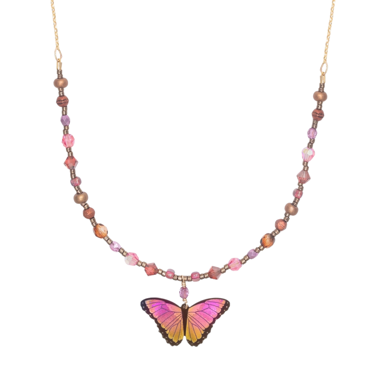 Holly Yashi Bella Butterfly beaded necklace with colorful beads and butterfly pendant, elegant jewelry accessory.