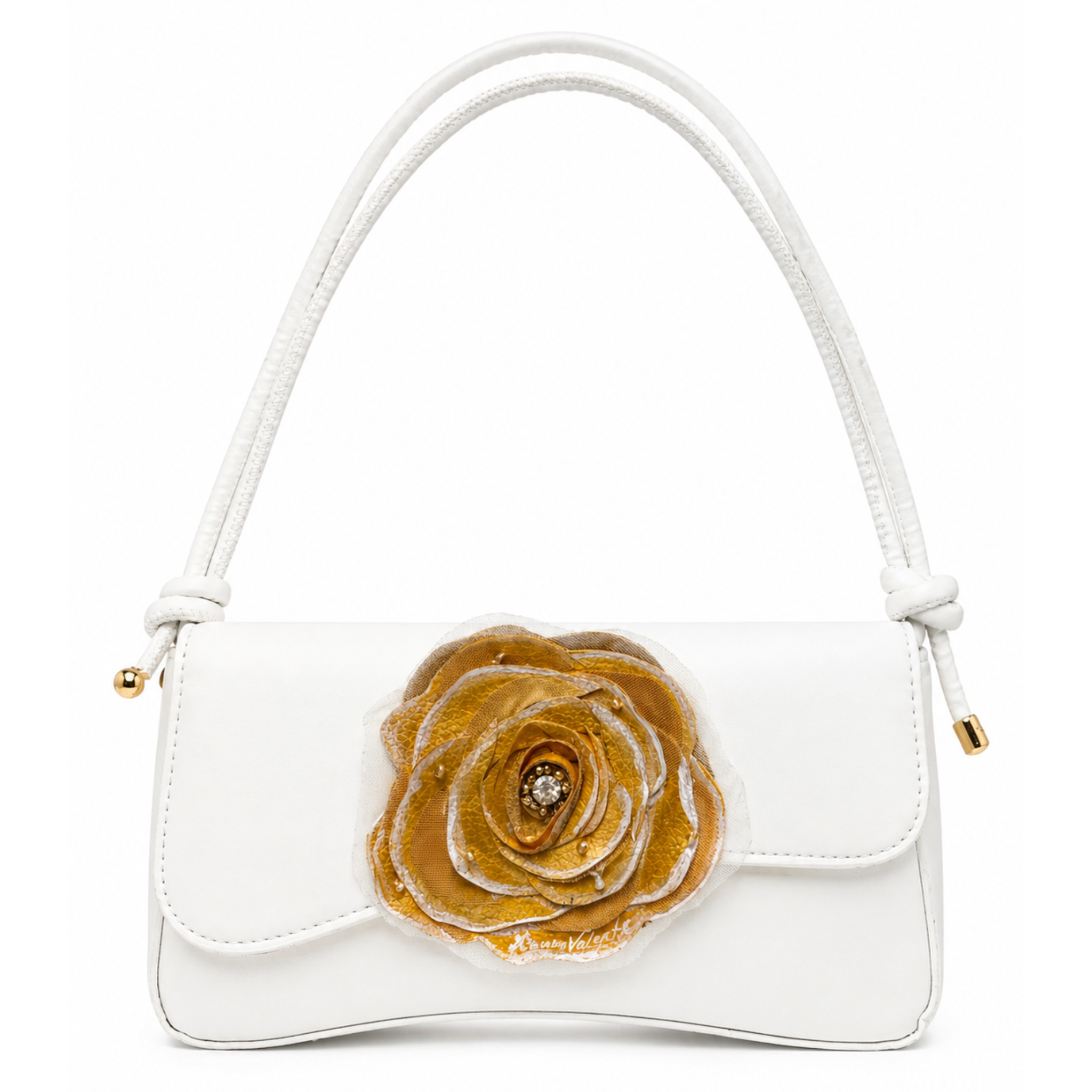 Gianna Valente Gilded Rose Handbag featuring a gold-toned floral design and elegant structure.