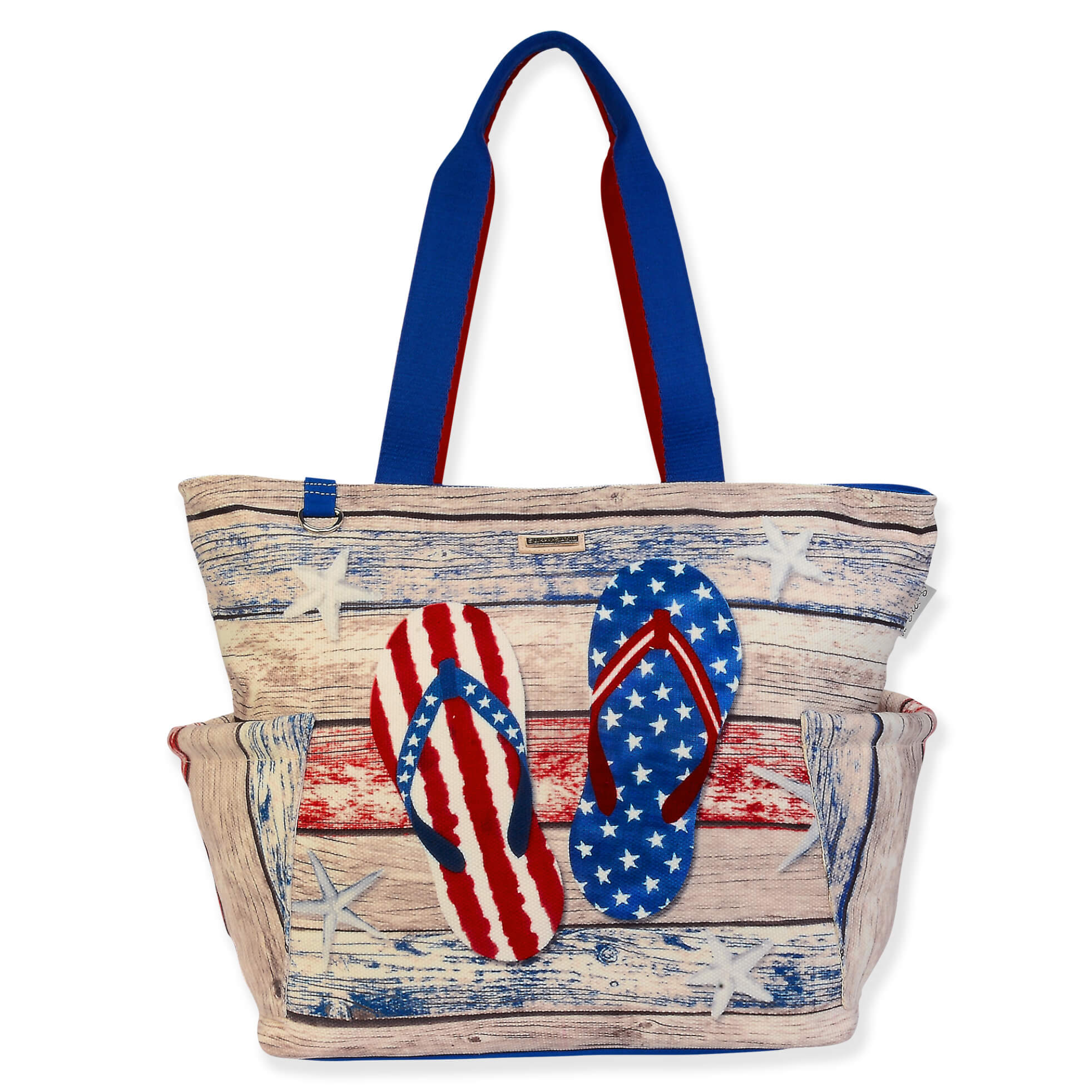 Sun N Sand Americana flip flop beach tote bag with colorful design, spacious for beach essentials, and sturdy handles.