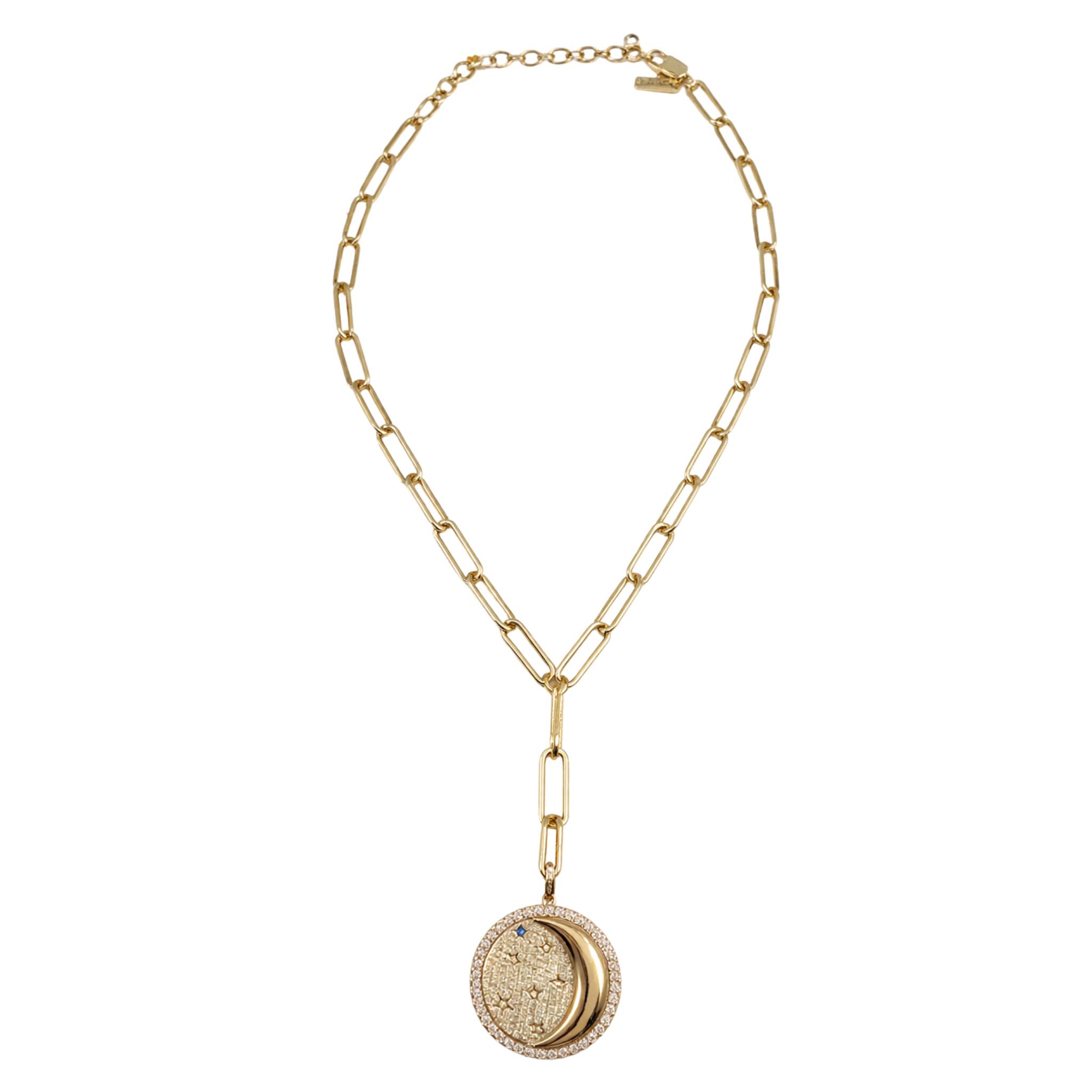 Gold lariat necklace with blue sapphire accents from Melinda Maria's You're A Star collection.
