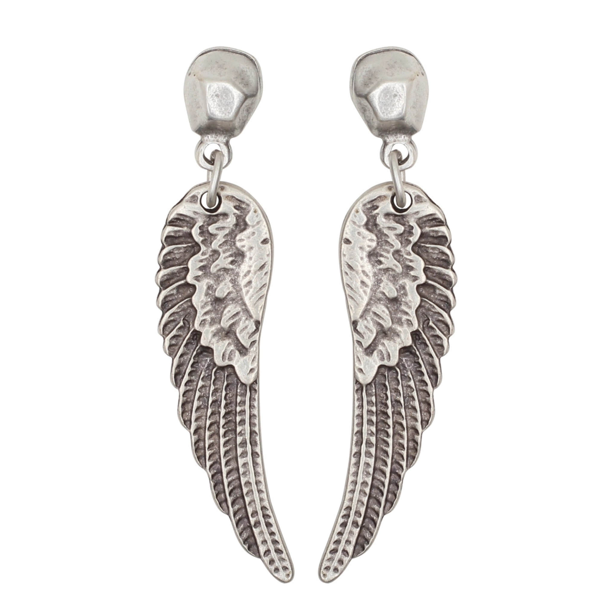 Chanour Seraphina Wing Earrings featuring delicate, silver wing design with intricate detailing and dangle style.