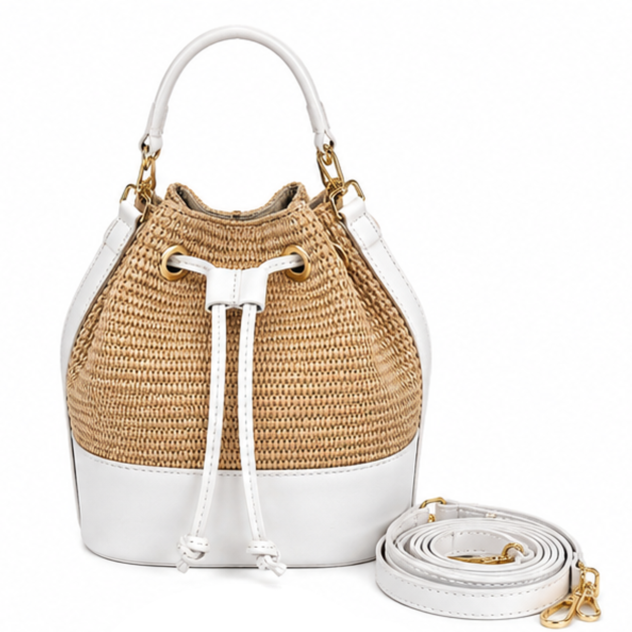 Private label MISS Bucket classic raffia crossbody bag with woven straw texture and adjustable strap.