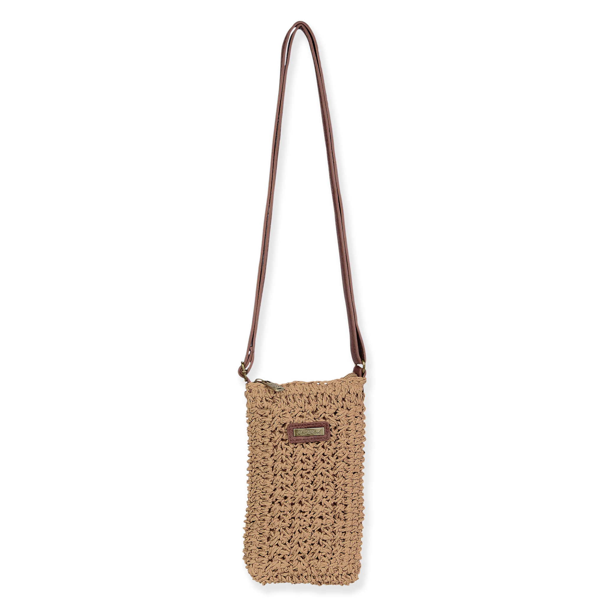 Sun n Sand paper crochet crossbody bag in natural tones, showcasing its textured, lightweight design with a flap closure.