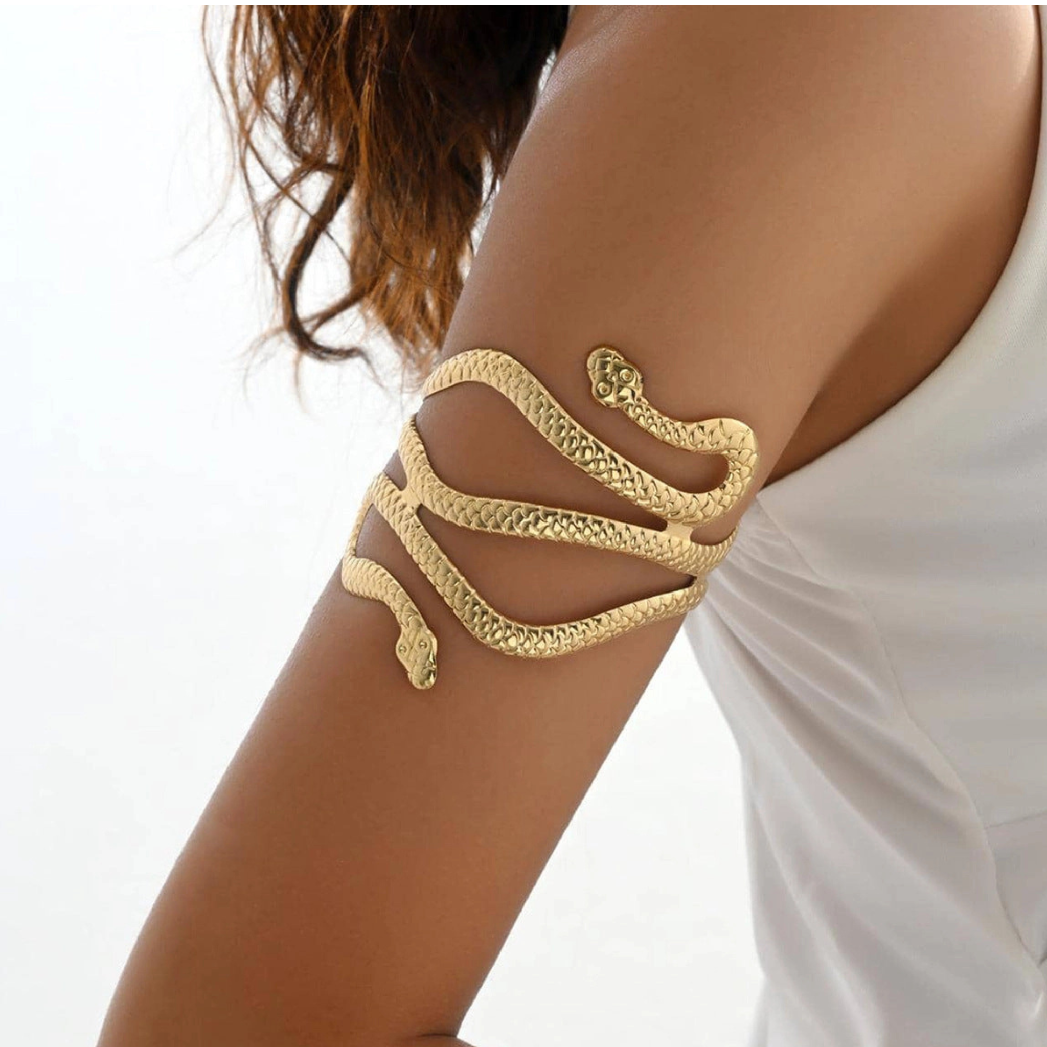 Private label snake wrap arm cuff bracelet featuring a sleek, metallic snake design for stylish arm accessory.
