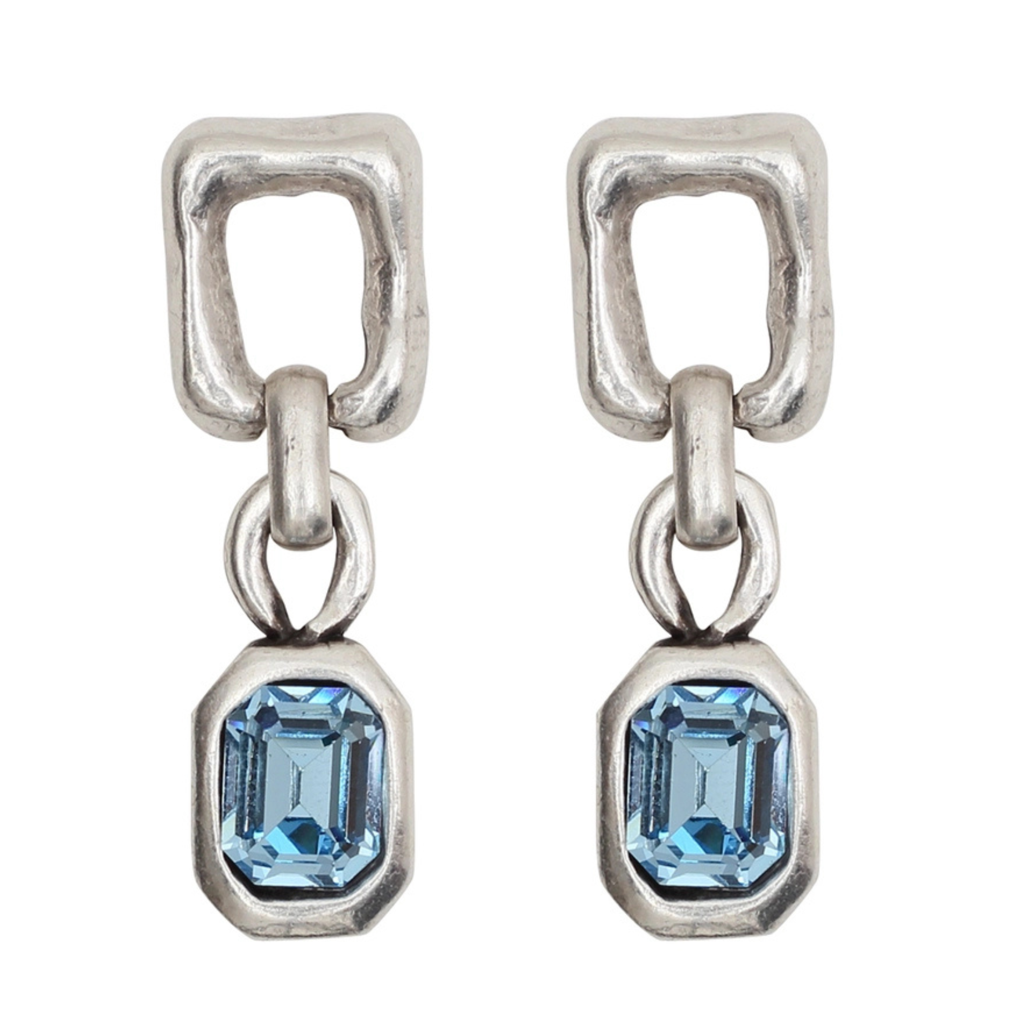 Handmade aquamarine pewter earrings by Chanour featuring intricate metalwork and vibrant blue gemstones.