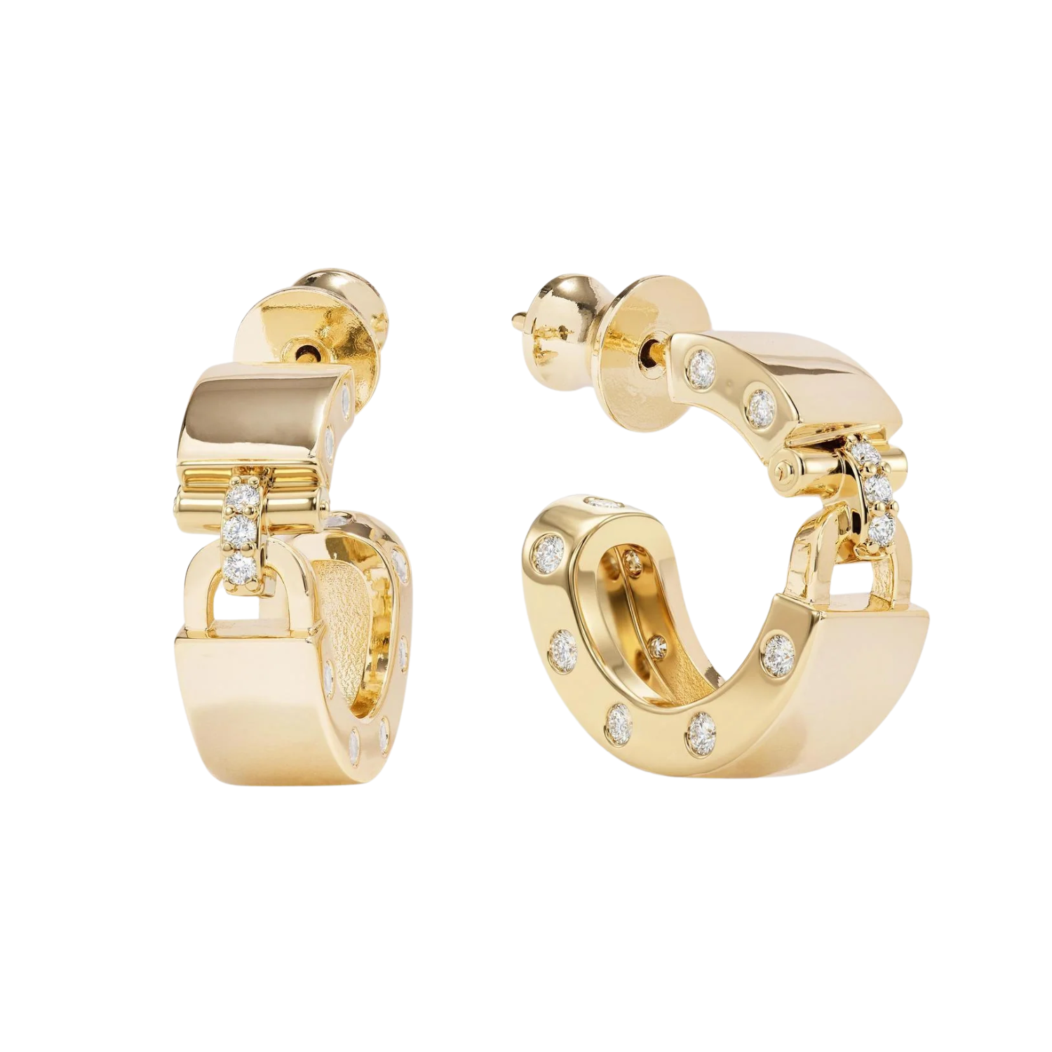 Melinda Maria Ashley Lock Huggies earrings in gold with white diamondette accents, small hoop style, close-up view.