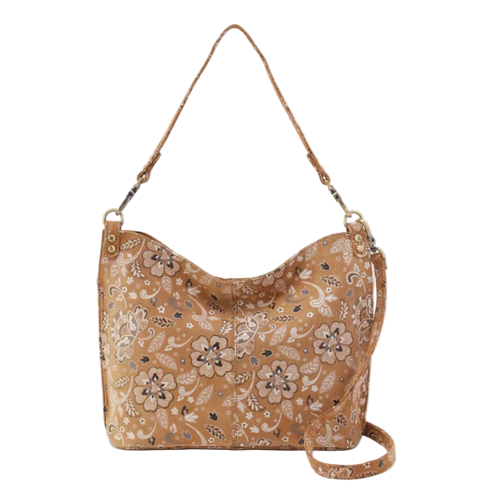 Pier Shoulder Bag in printed leather by HOBO, featuring a floral design and a stylish, versatile silhouette.