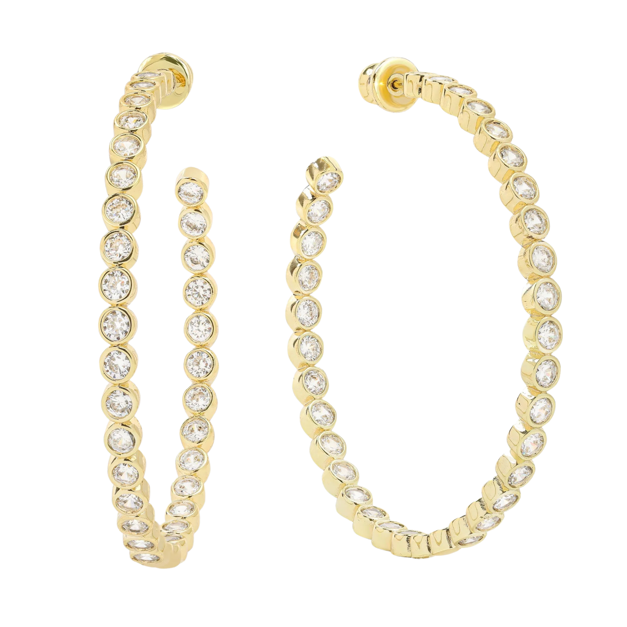 Gold Baroness Hoops 2-inch earrings by Melinda Maria featuring white diamondette accents on shiny gold hoops.