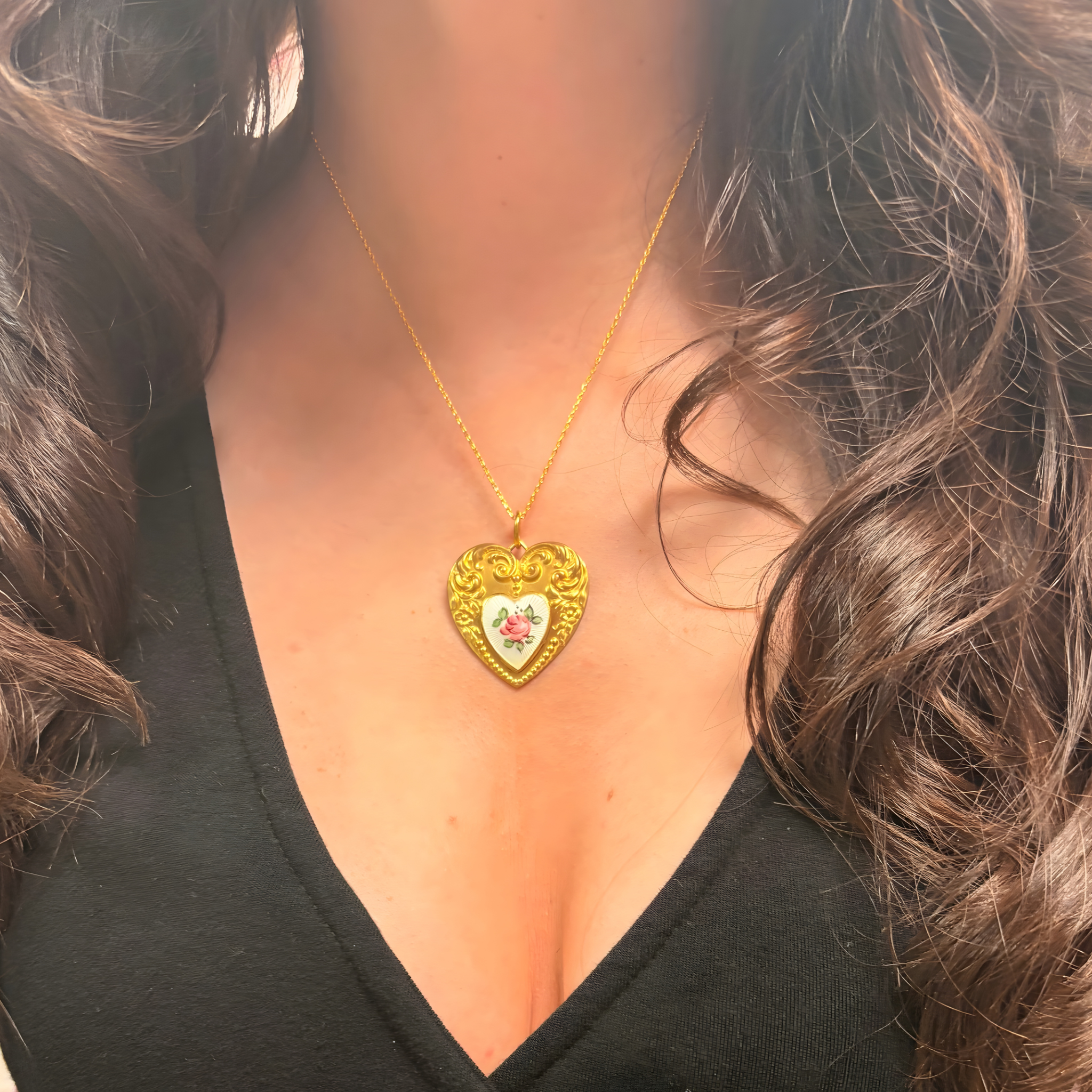 1980s Vintage Guilloche Enamel Rose Heart Charm Pendant Necklace