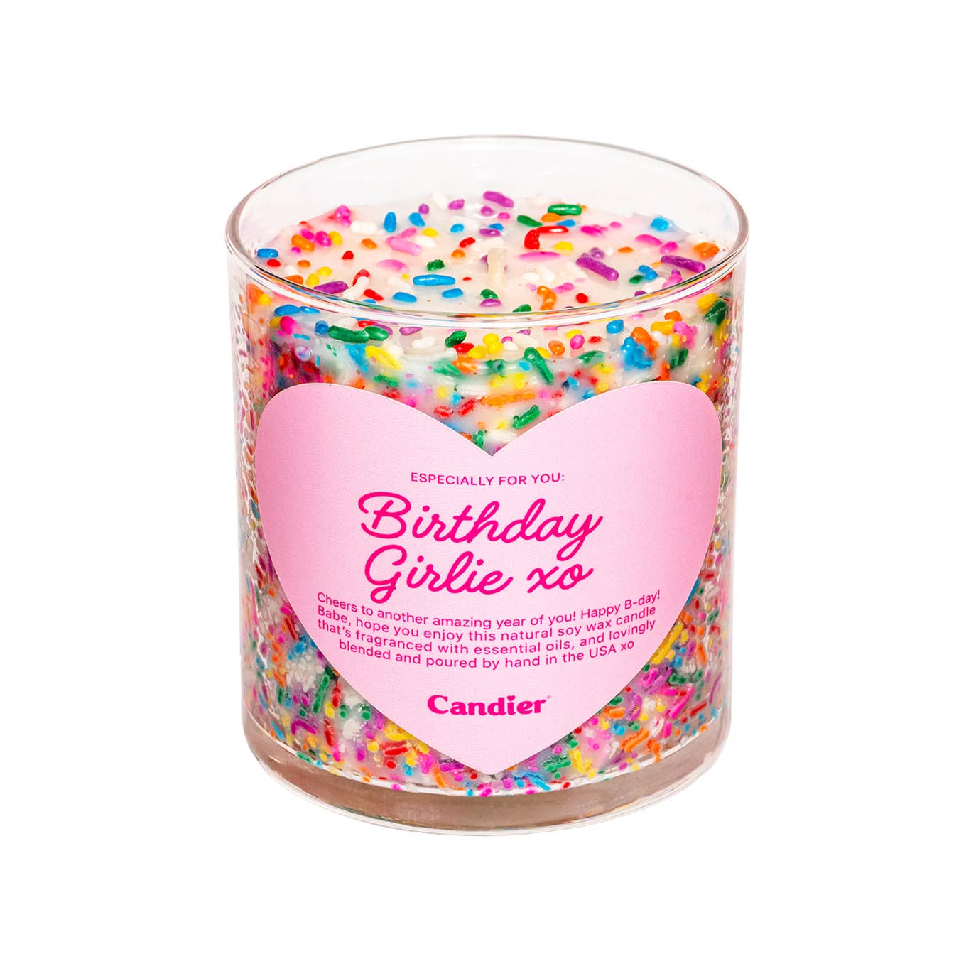 Colorful Girlie Candle from Candier, decorated with birthday-themed design, perfect for celebrating special occasions.