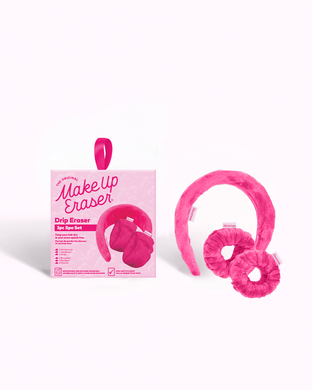 Pink Drip Eraser® headband from The Original MakeUp Eraser spa set featuring a stylish, adjustable headband with pink drip design.