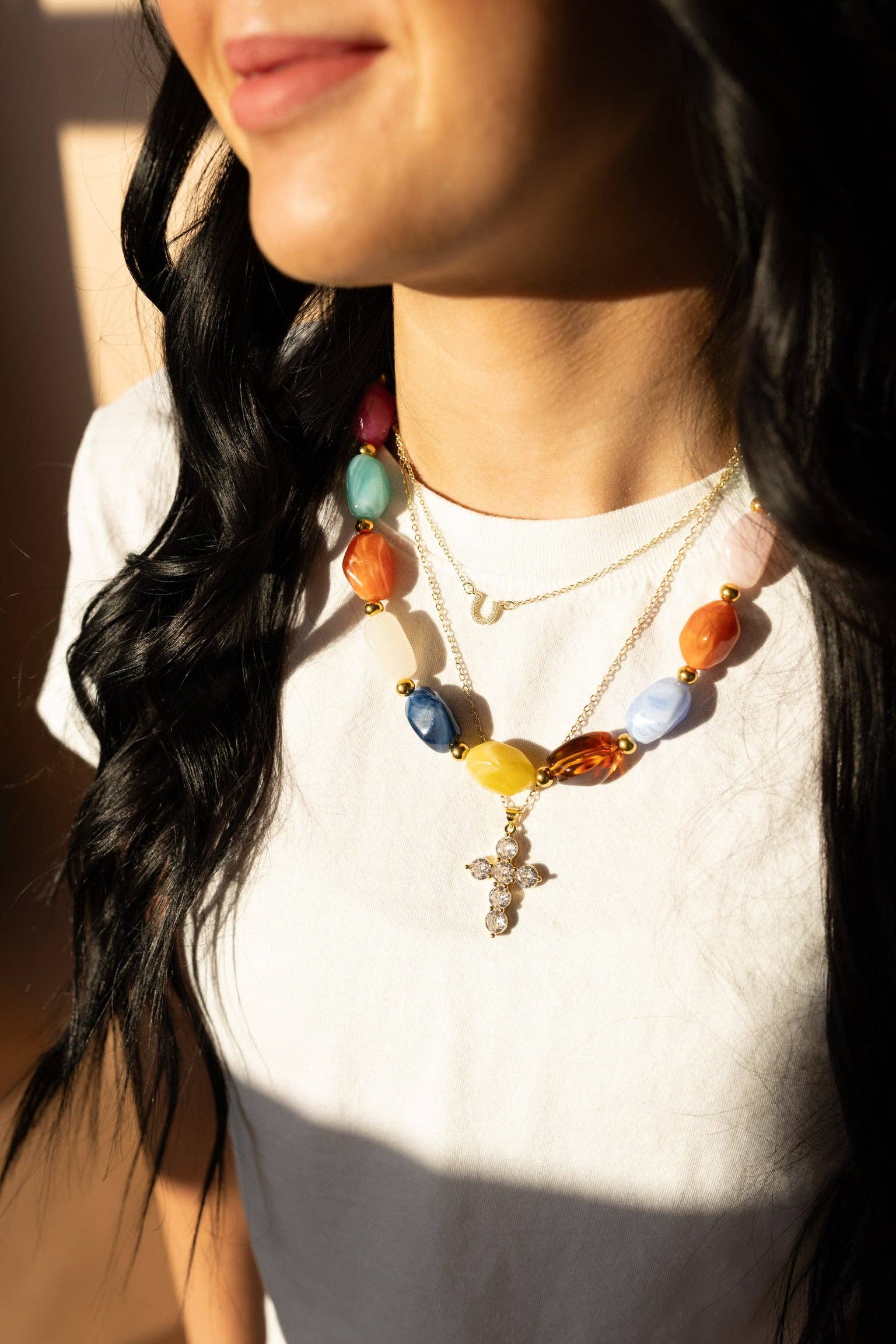 Color Lover Stone Necklace by BELJOY featuring vibrant stones on a delicate chain, highlighting its unique design and colors.
