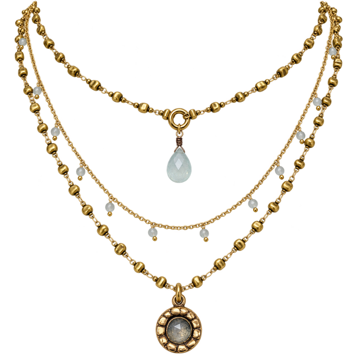 Delicate Triple Layered Pendant Drop Necklace on Beaded & Brass Rosary Chains