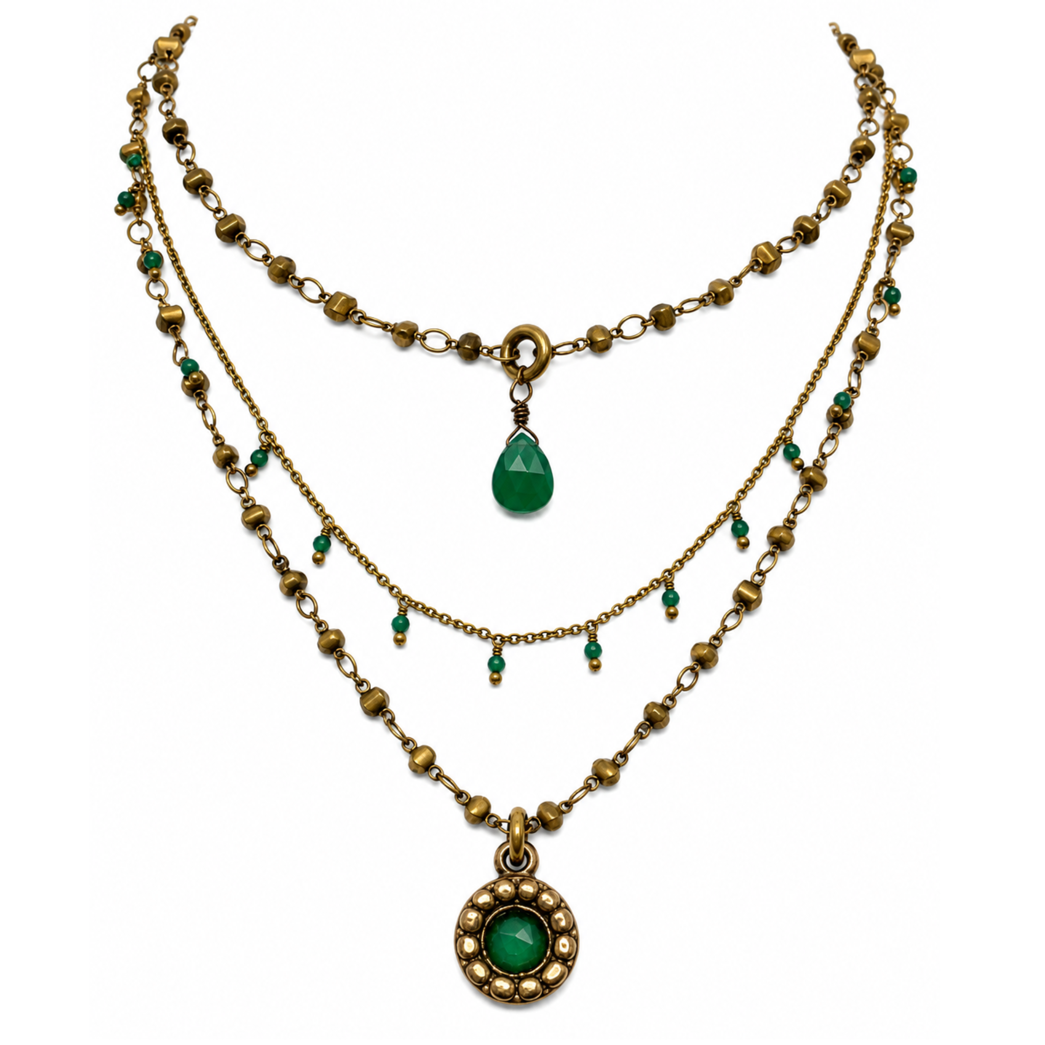 Delicate Triple Layered Pendant Drop Necklace on Beaded & Brass Rosary Chains