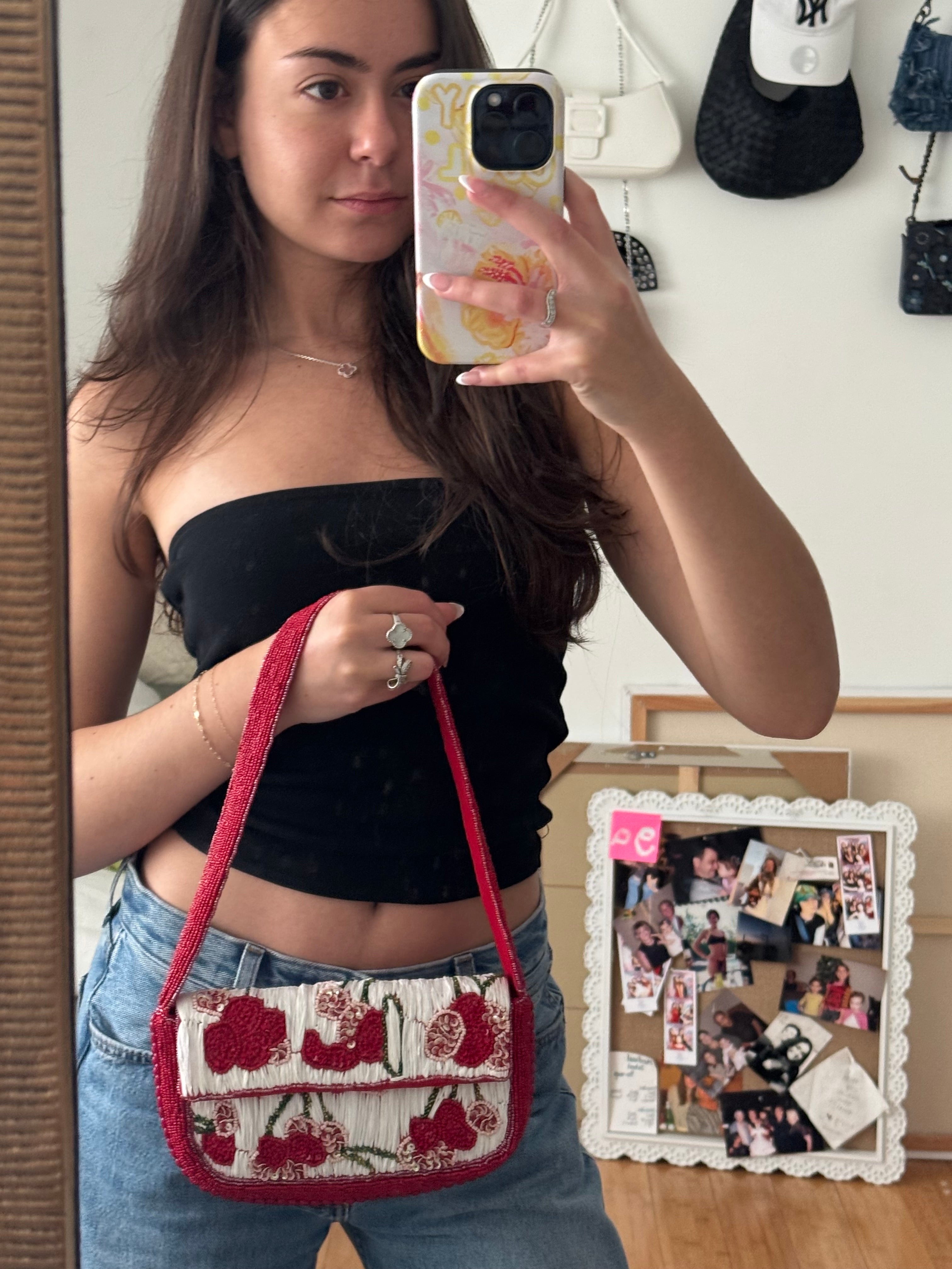 CHERRY RAFFIA BEADED SHOULDER BAG