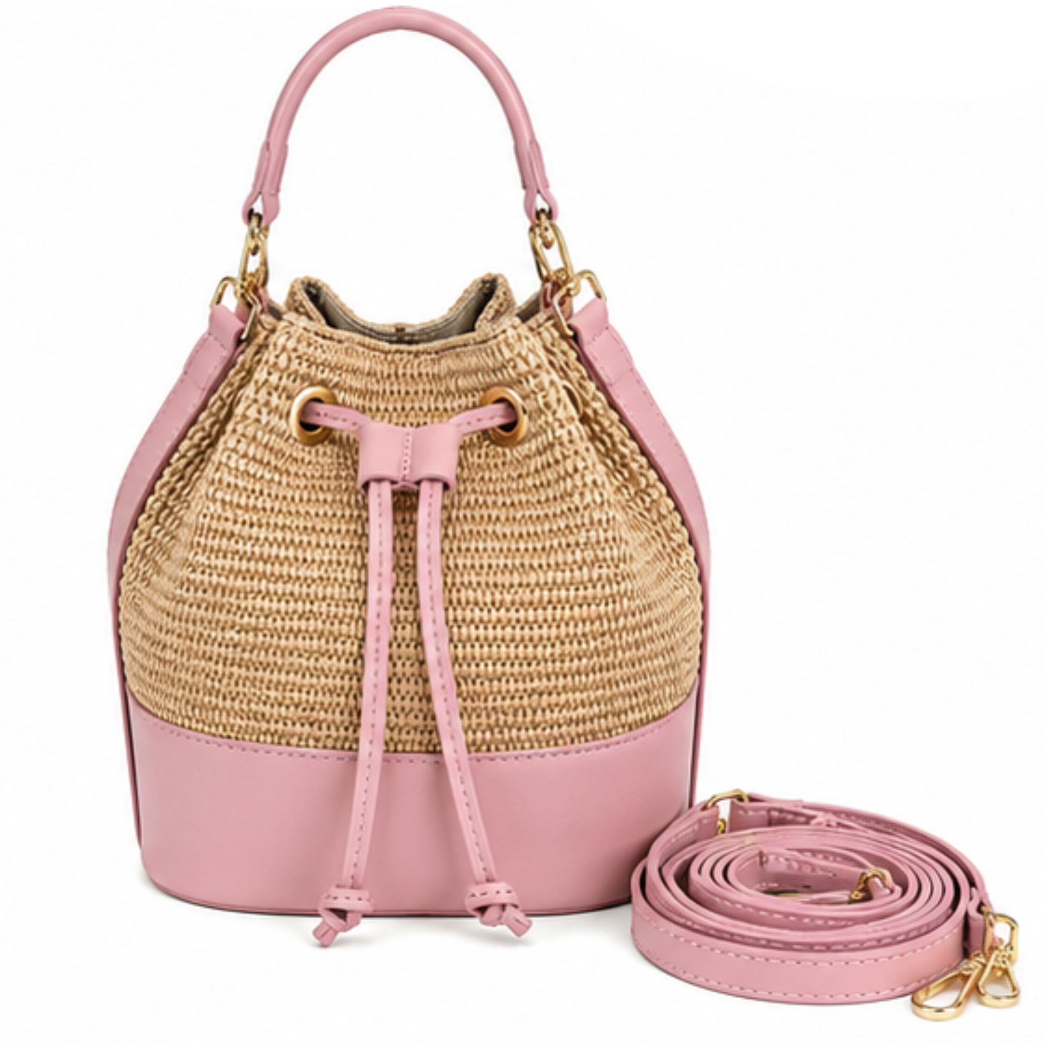 Private label MISS Bucket classic raffia crossbody bag with woven raffia texture and adjustable strap.