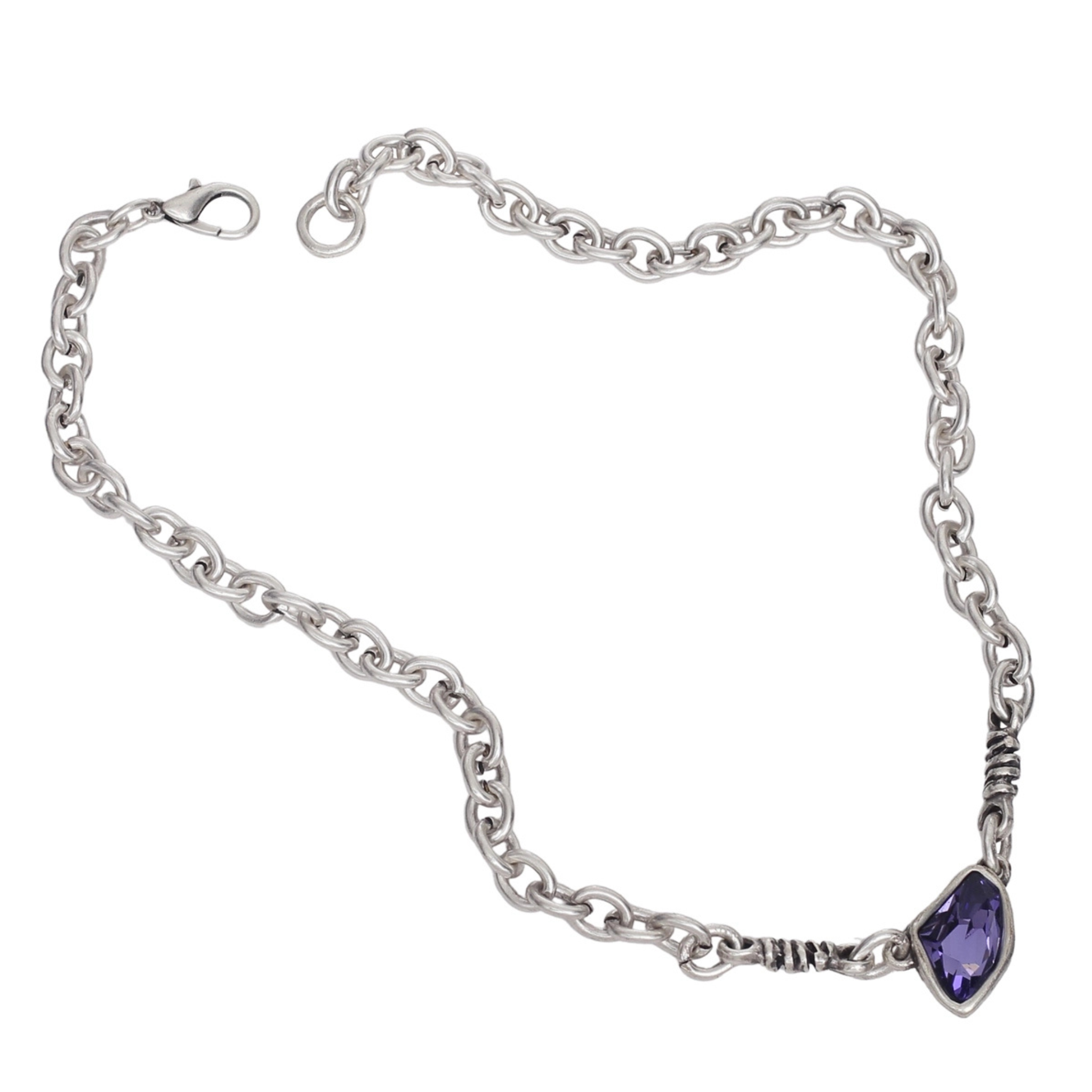 Handmade purple crystal pewter necklace featuring a detailed chain and vibrant purple pendant, crafted by Chanour.