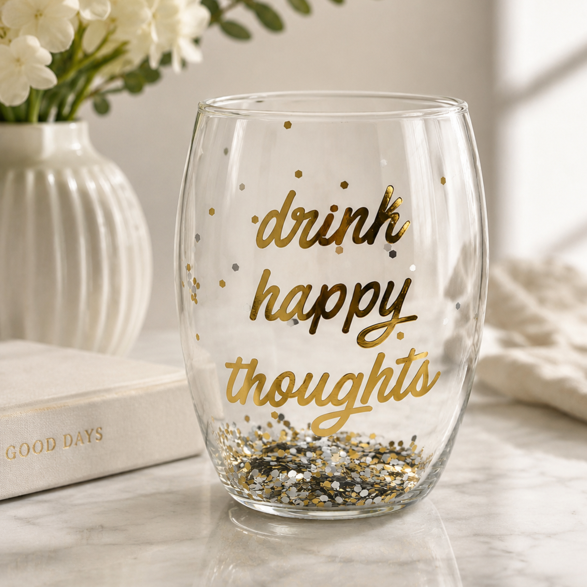 Mudpie Drink Happy Thoughts confetti wine glass with colorful confetti inside, clear glass with a festive design.
