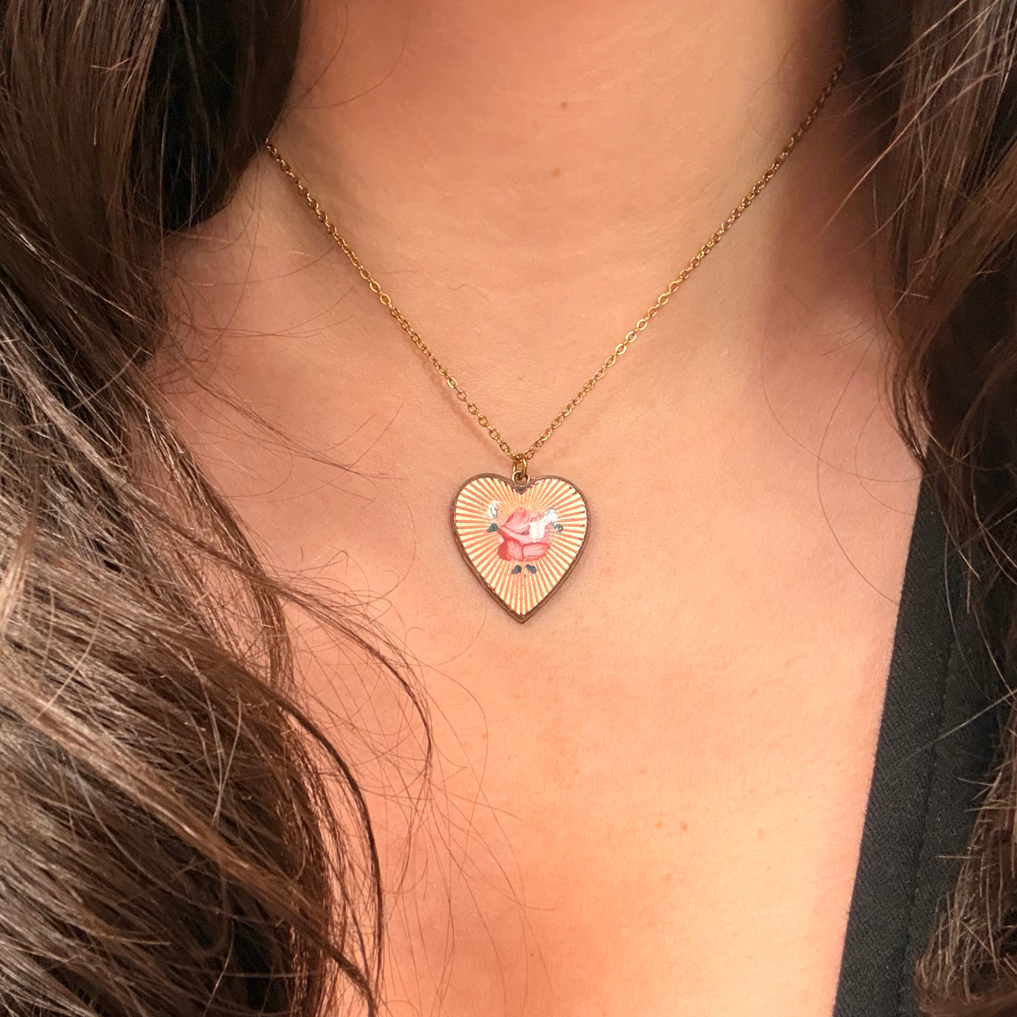 Vintage 1950s Guilloche Heart Pendant Necklace
