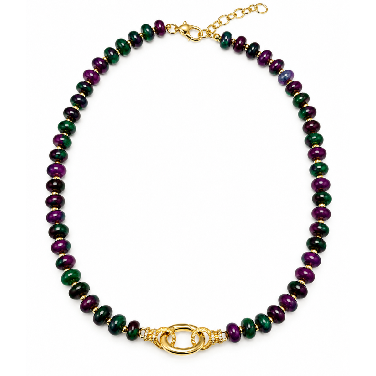 Colorful gemstone beaded necklace with charm catcher, featuring vibrant beads and a decorative pendant for stylish accessories.