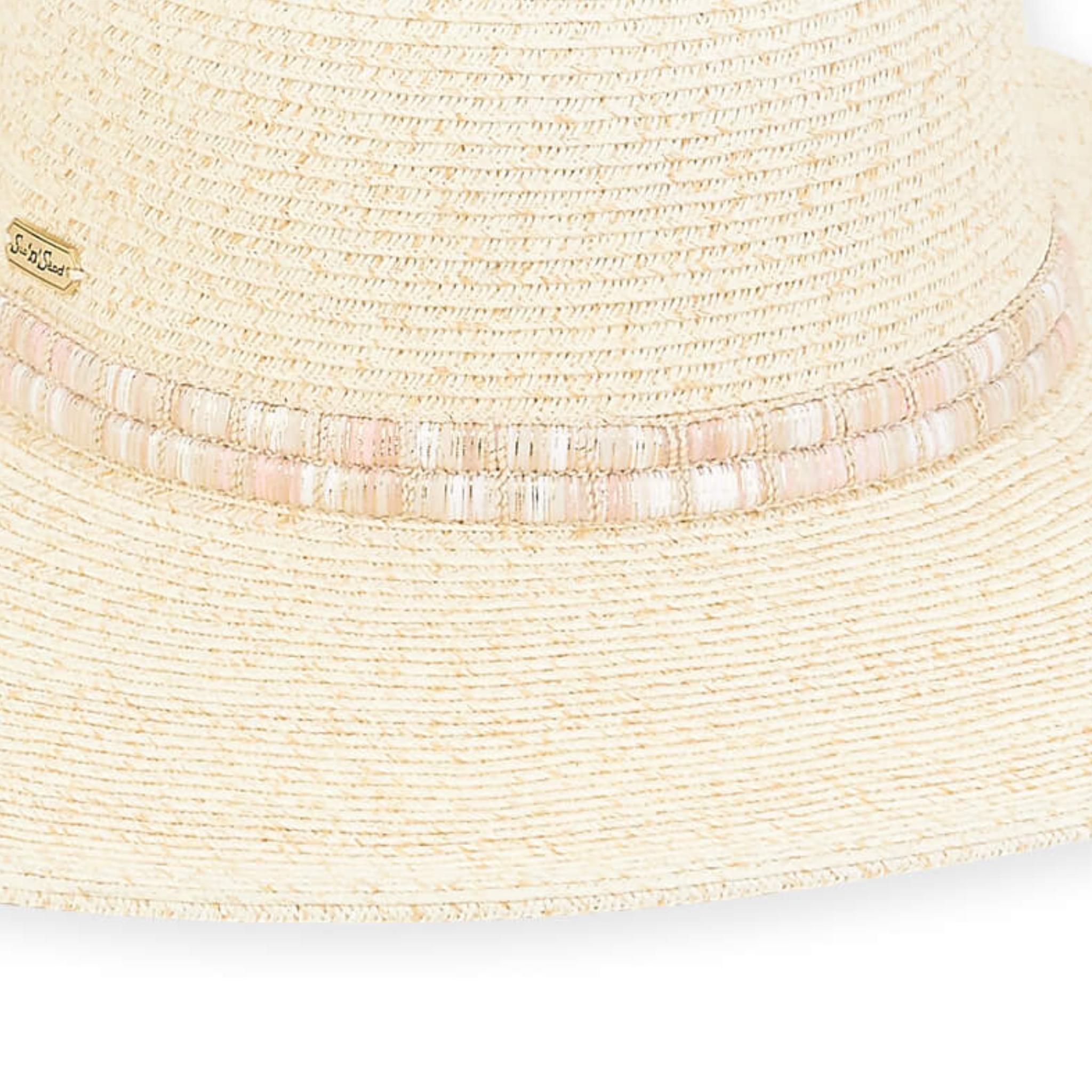 Sun n Sand metallic trim paper braid floppy hat with a 5-inch brim, featuring a stylish woven design and metallic accents.