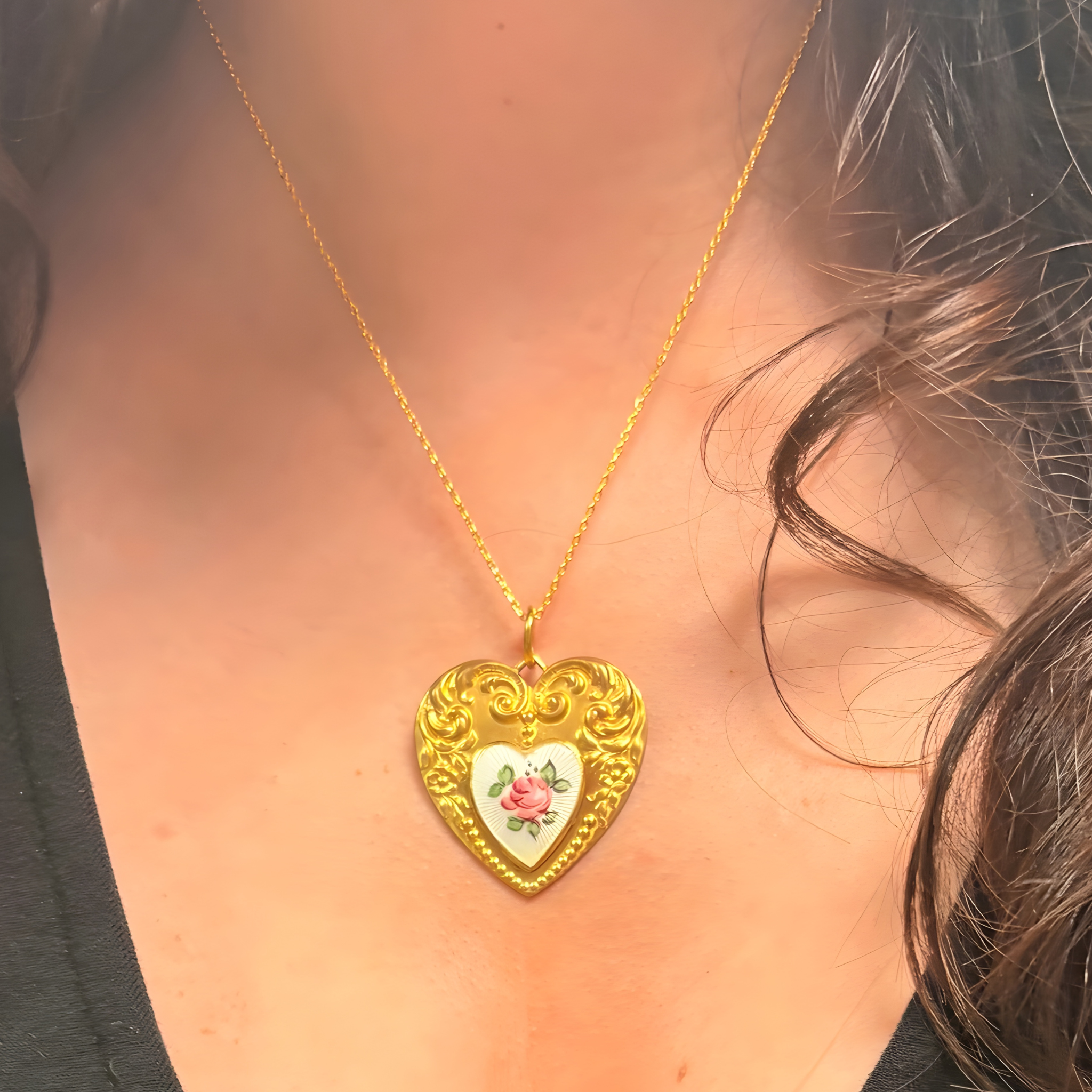1980s Vintage Guilloche Enamel Rose Heart Charm Pendant Necklace