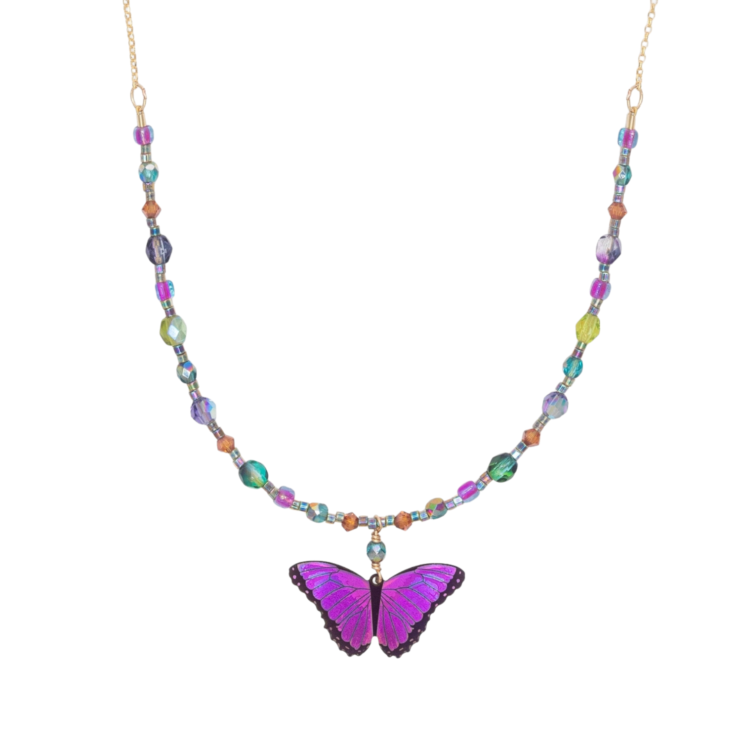Holly Yashi Bella Butterfly beaded necklace featuring colorful beads and butterfly pendant on a delicate chain.