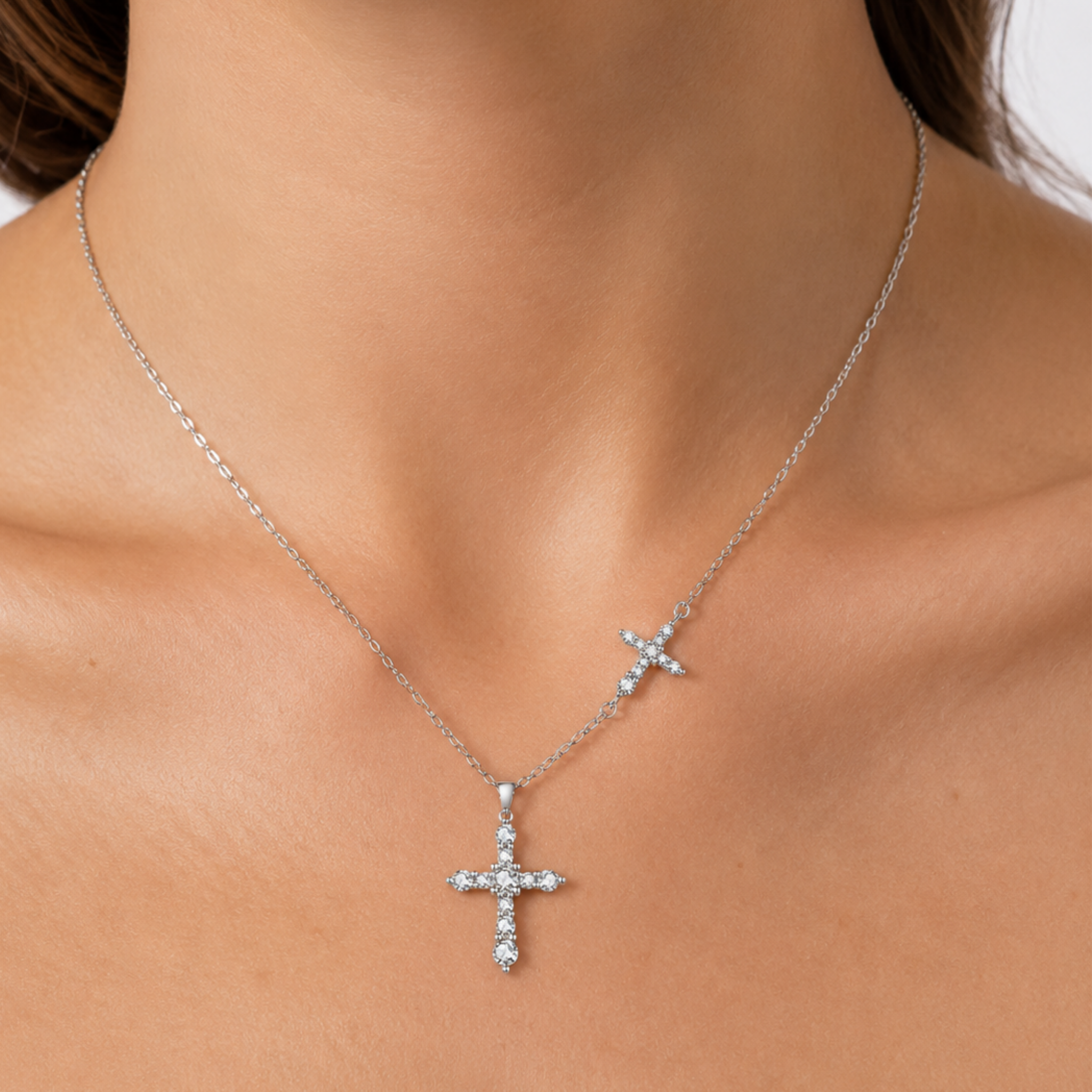 Dual Pavé Moissanite Cross Necklace in 925 Sterling Silver