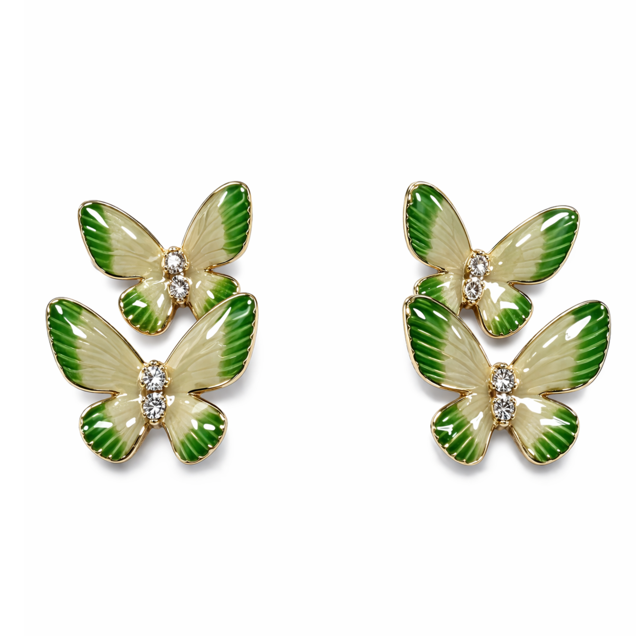 Colorful butterfly enamel earrings with gold trim, featuring double butterfly studs, from Private Label jewelry collection.