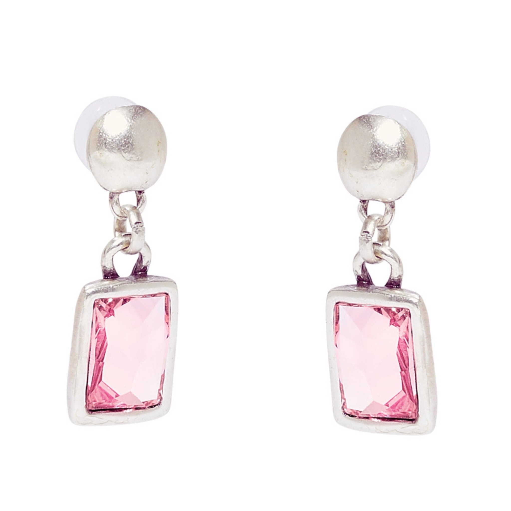 Handmade pink crystal pewter earrings by Chanour featuring elegant dangle design with sparkling pink crystals