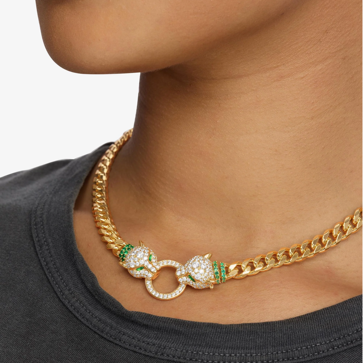 Melinda Maria Jaguar Cuban chain necklace, 6.8mm wide, 16-inch length, shiny gold-tone jewelry with a sleek chain design.
