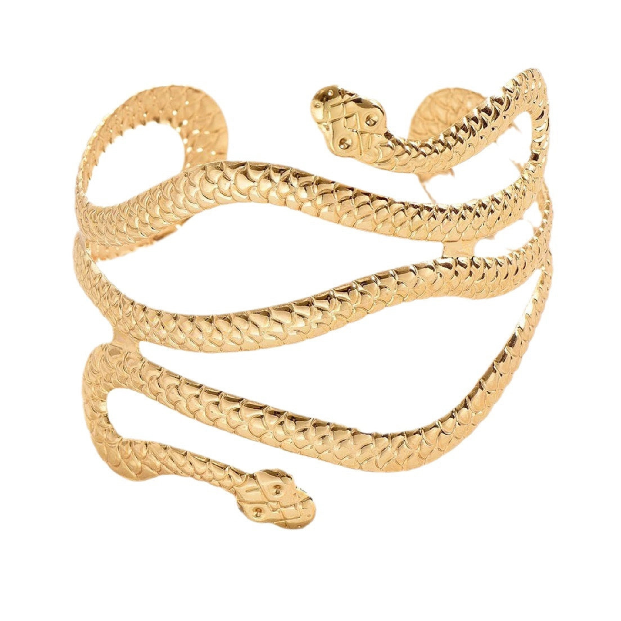 Private label snake wrap arm cuff bracelet featuring a sleek, metallic snake design wrapped around the wrist.