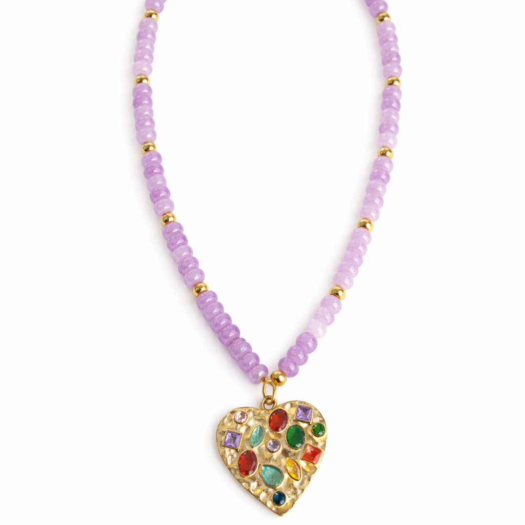 Lilac beaded confetti heart necklace by BELJOY, featuring a delicate heart design and colorful bead details.