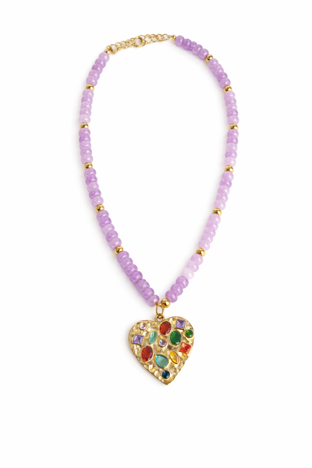 Lilac beaded confetti heart necklace by BELJOY, featuring colorful beads arranged in a heart shape on a delicate chain.
