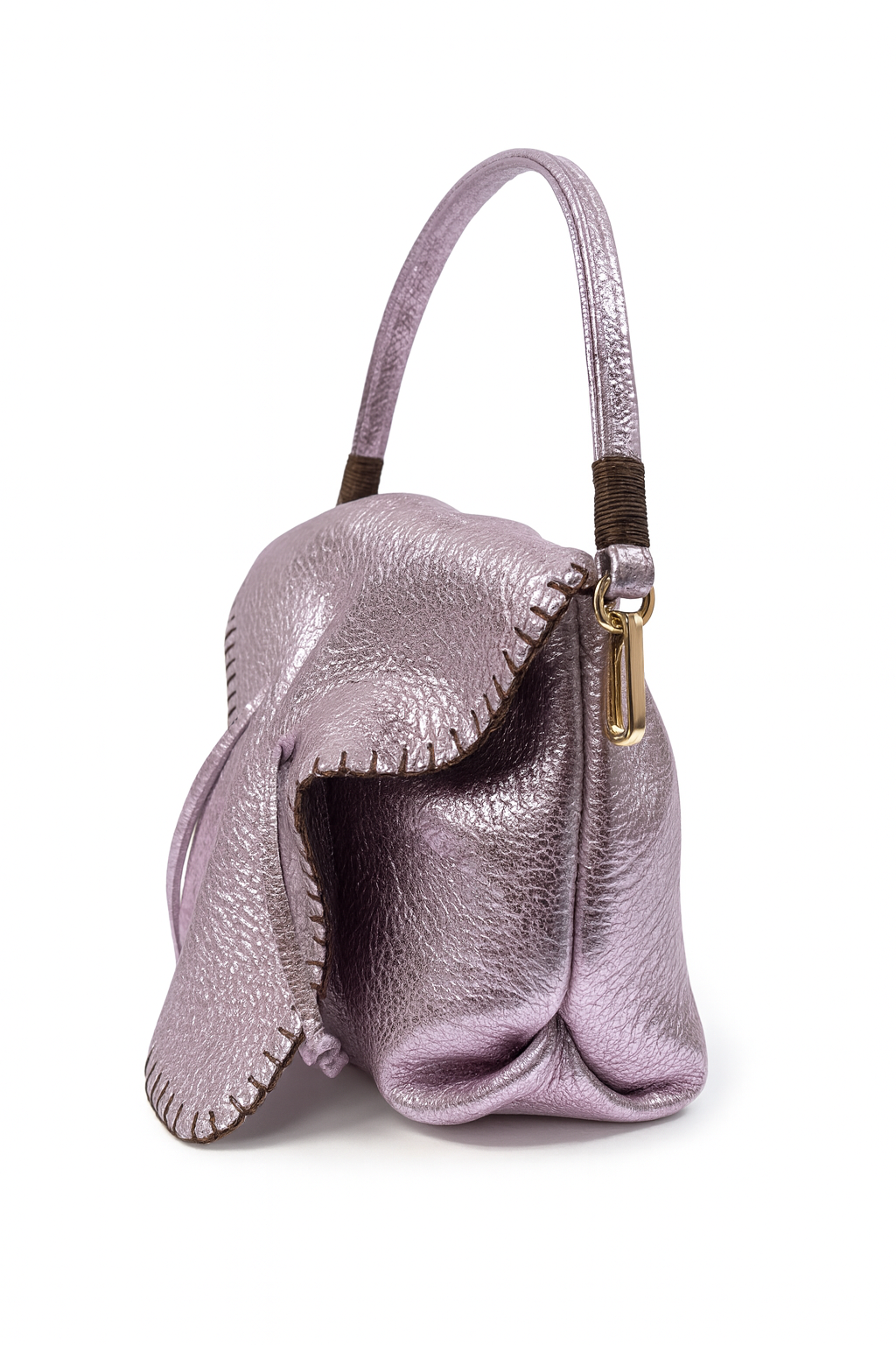 Metallic purple handbag with a bow detail on a white background