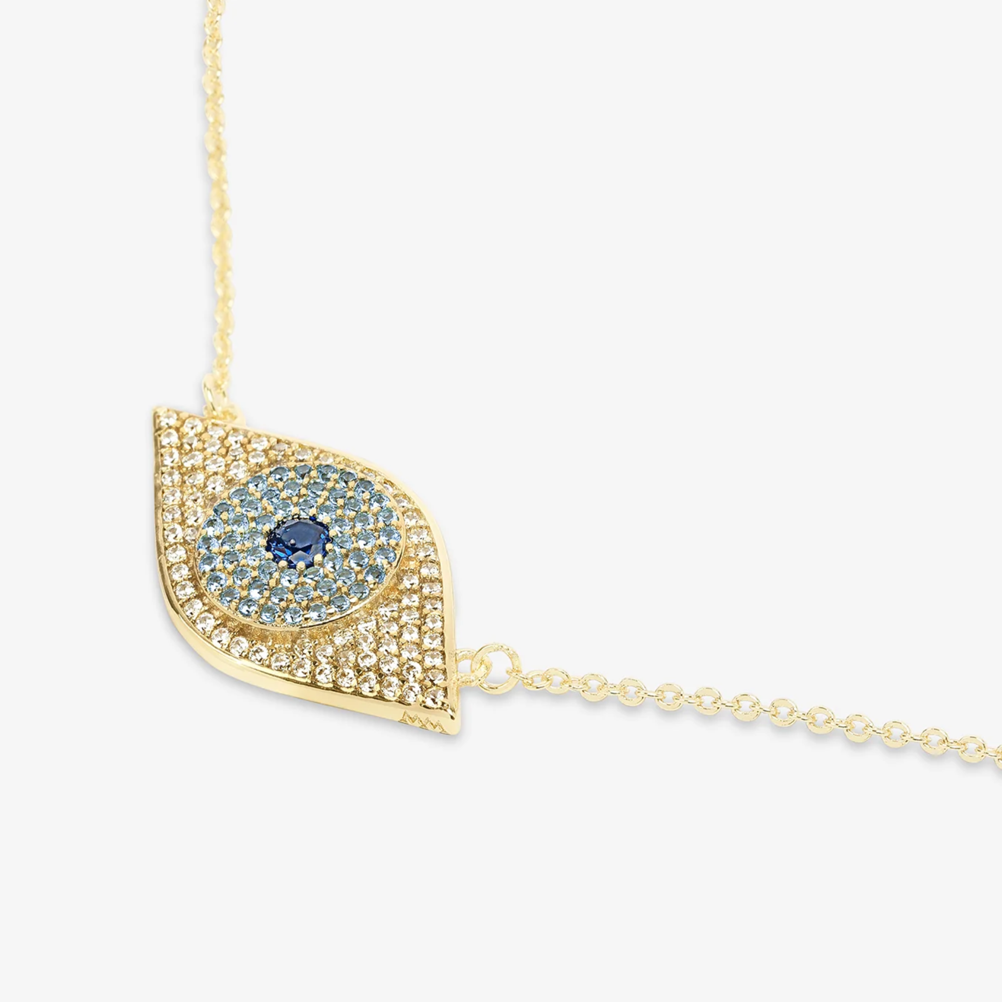 Gold blue evil eye necklace with white diamondette accents, designed by Melinda Maria.